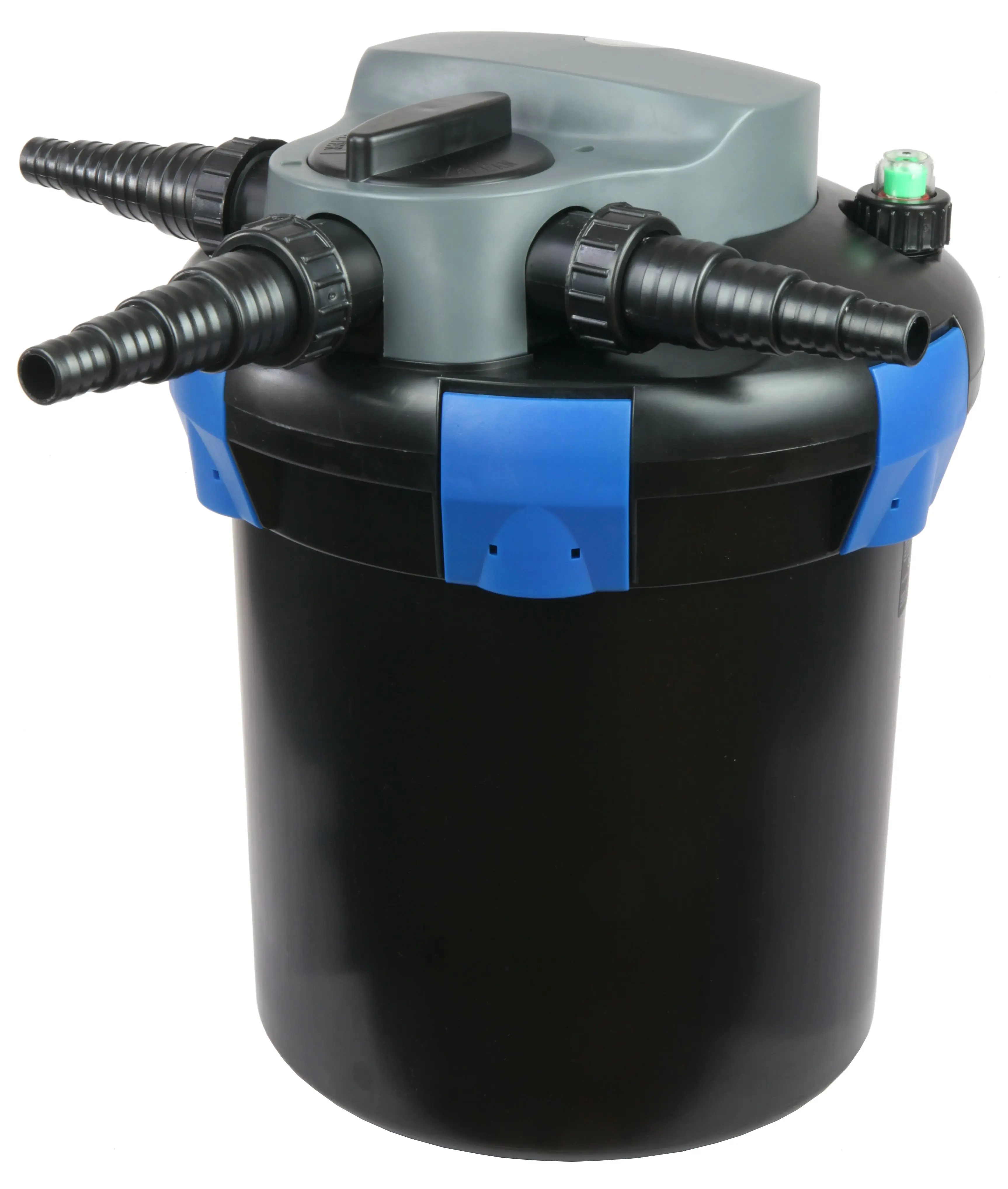 OSAGA ODF Druckfilter mit integrierter UVC-Klärung, Nahaufnahme der Anschlüsse, Mehrwegeventil und Gehäuse; geschlossener Teichfilter zur mechanischen und biologischen Reinigung, reduziert Schwebstoffe und Algenwachstum
