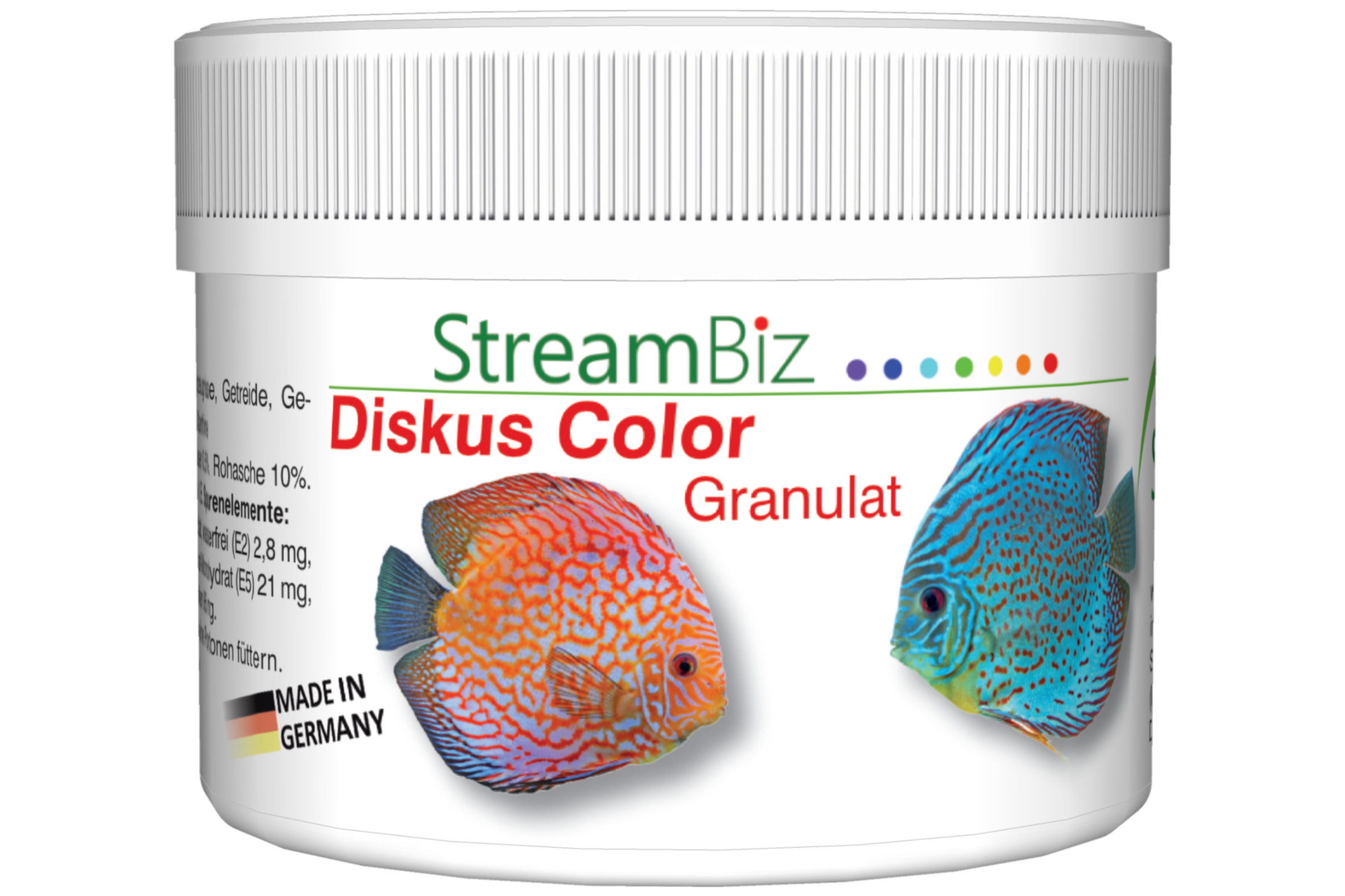 Dose StreamBiz Diskus Color Granulat mit buntem Etikett und zwei Diskusfischen, weiches Farbgranulat für Buntbarsche/Diskus mit Astaxanthin, hohe Akzeptanz und gute Verdaulichkeit, erhältlich in 80 g und 230 g, Made in Germany