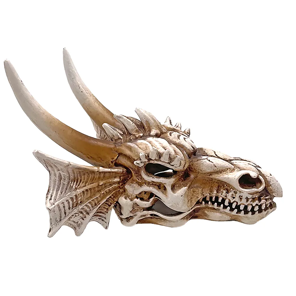 Dekorativer Drachen-Schädel mit langen Hörnern und Zahnreihe, detailgetreue beige-antike Optik, Seitenansicht