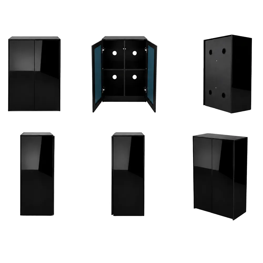 Mehrere Ansichten des Hobby Terra Fix & Easy Stand 60 black Terrarium-Unterschranks (60×45×90 cm): schwarzer Hochglanz-Schrank aus FSC®-Holz mit Schwarzglas-Tür, offen zeigend Innenfächer und Kabelöffnungen, für bis zu 200 kg Belastung
