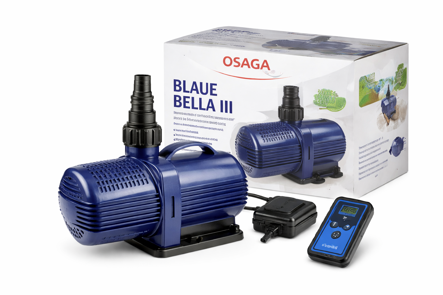 OSAGA Blaue Bella III Teichpumpe (4 Varianten), blau, mit externem Controller und Funkfernbedienung; regelbare Förderleistung für Bachlauf, Teichfilter und flexible Wasserführung