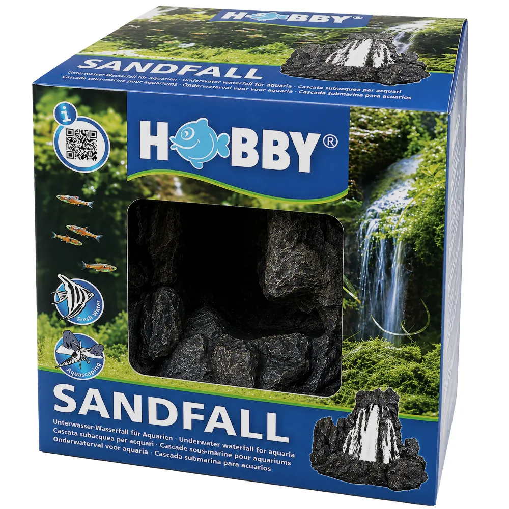 Hobby Sandfall Unterwasser-Sandfall für Aquarium: dunkle Felsstruktur mit Sandkanal, 25,5 × 20 × 26,5 cm; erzeugt Sandkaskade mit Aquarienpumpe, startsand enthalten, ideal für Fische, Garnelen und Wirbellose