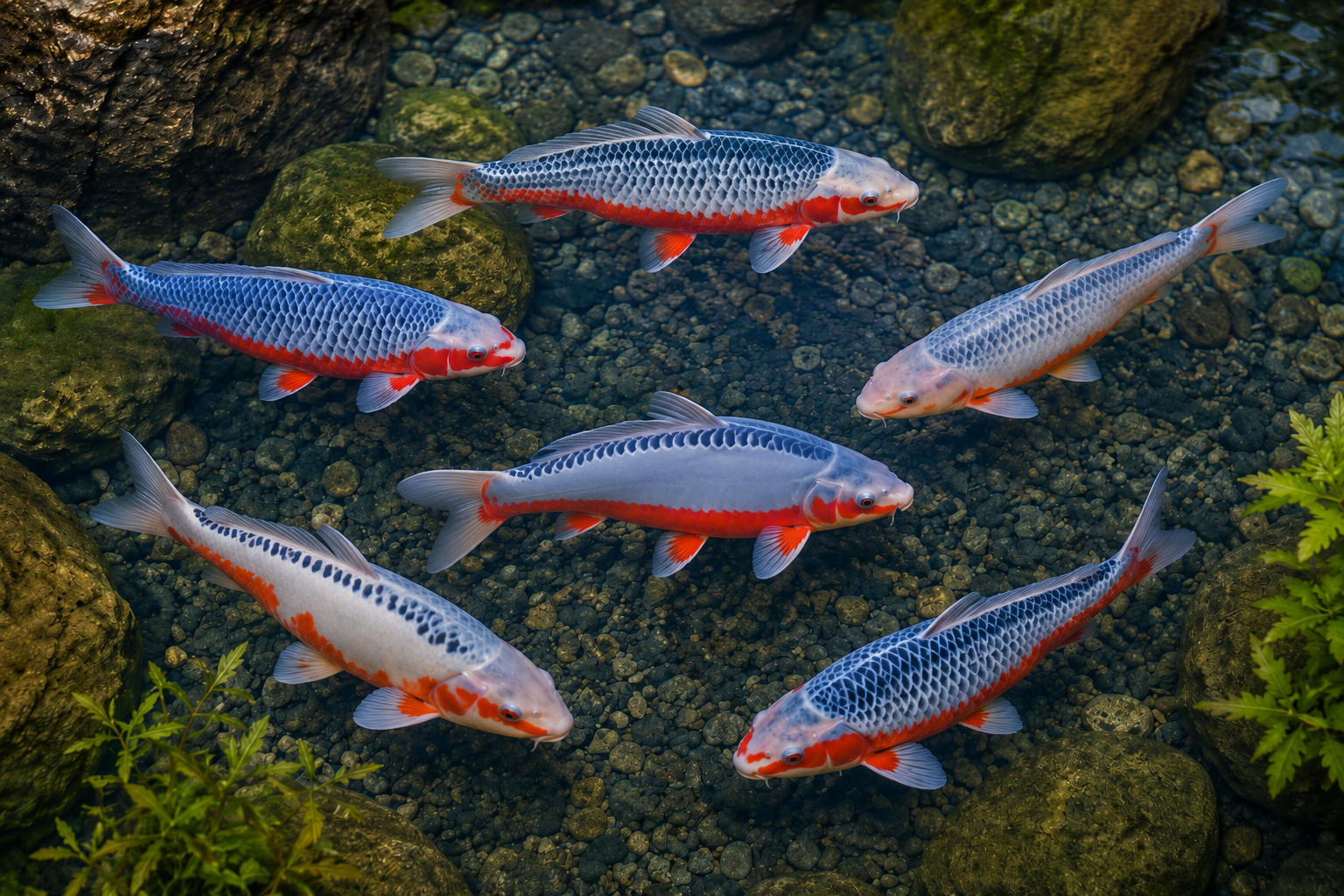 Sechs Asagi Koi (Cyprinus carpio) im klaren Gartenteich: blaugraue Netzzeichnung, rote Akzente und ausgeprägte Rückenschuppen – Asagi Koi Mix für natürliche Tiefe und ruhige Teichwirkung.