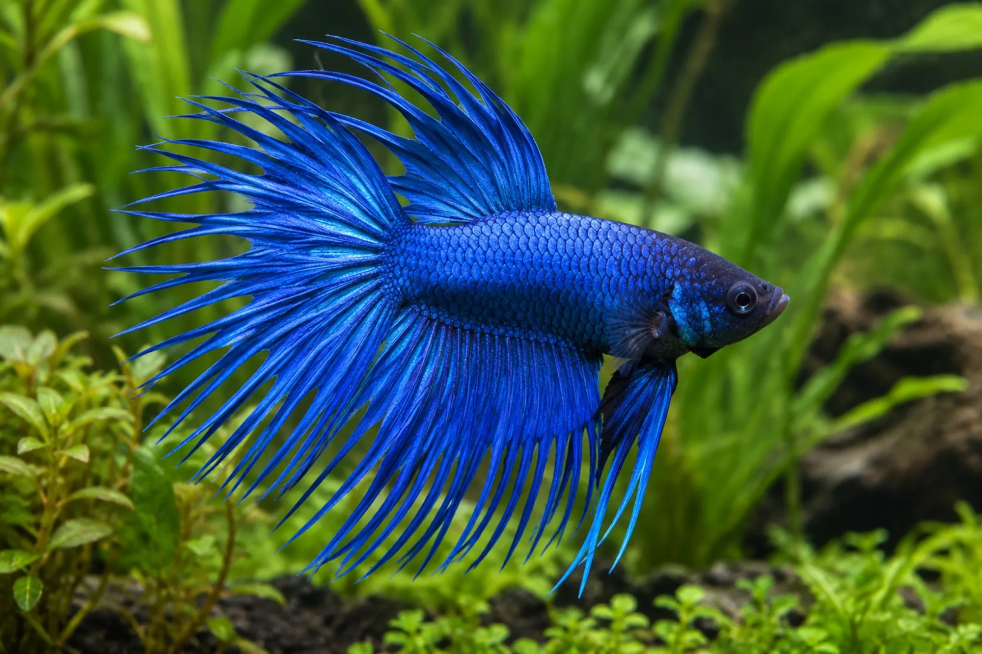 Kampffisch „Crowntail Dragon Blue“, Männchen, Betta splendens