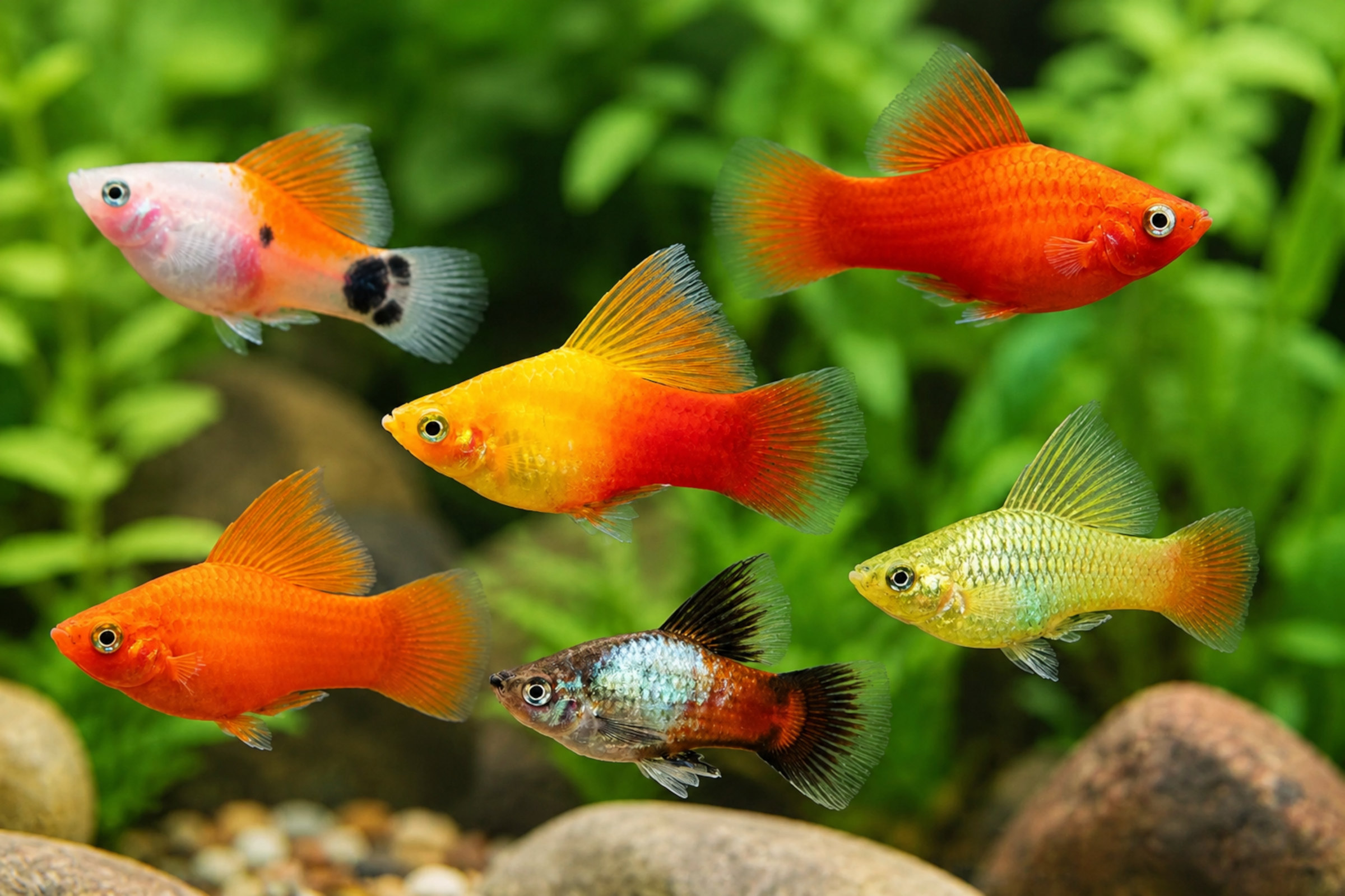 Nahaufnahme mehrerer bunter Platy-Aquarienfische (rot, orange, gelb, gescheckt) vor grünen Wasserpflanzen, ideal für Süßwasseraquarien