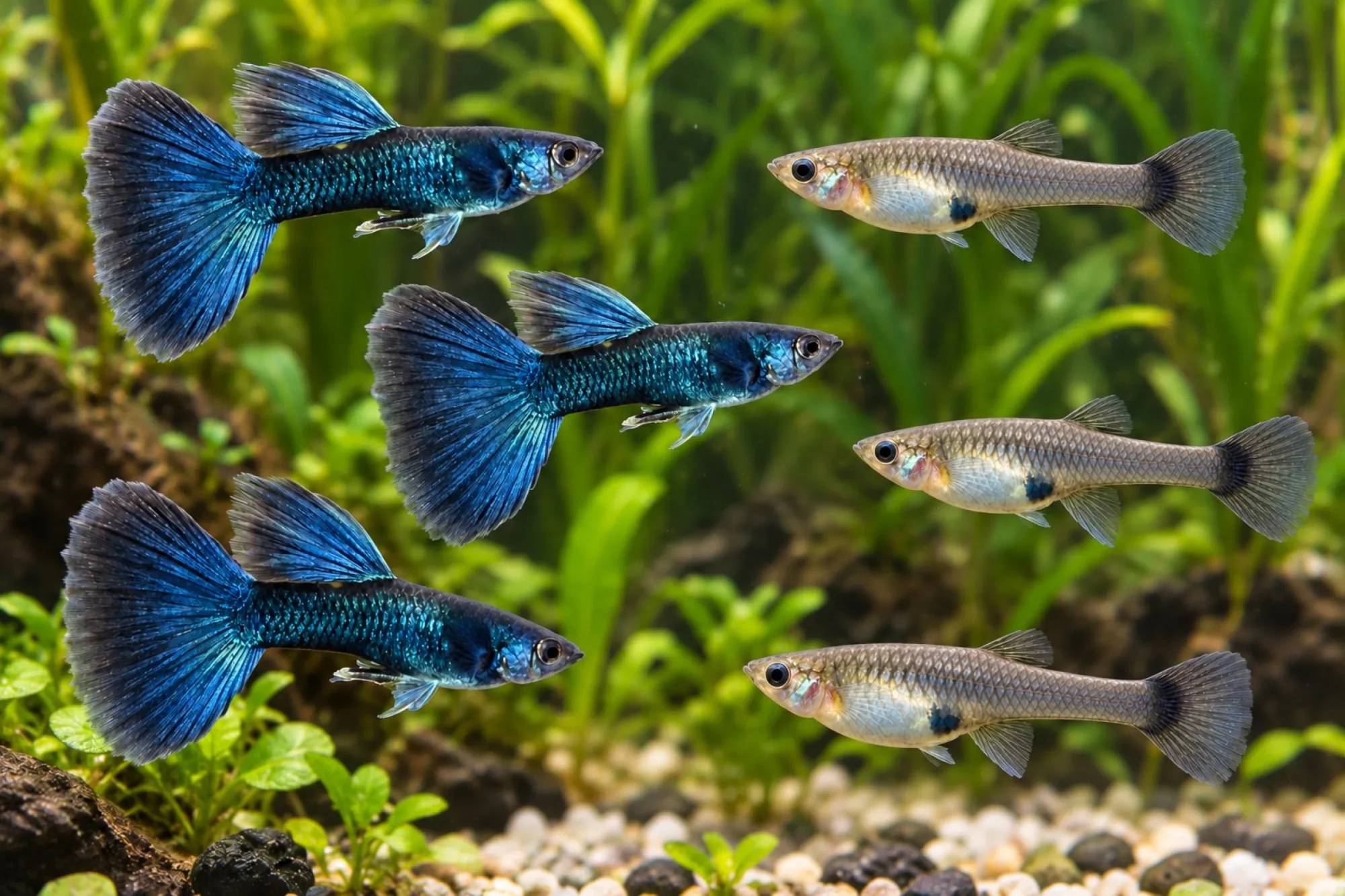 Guppy „Moskau Blau“, Set 5 Männchen + 5 Weibchen, Poecilia reticulata