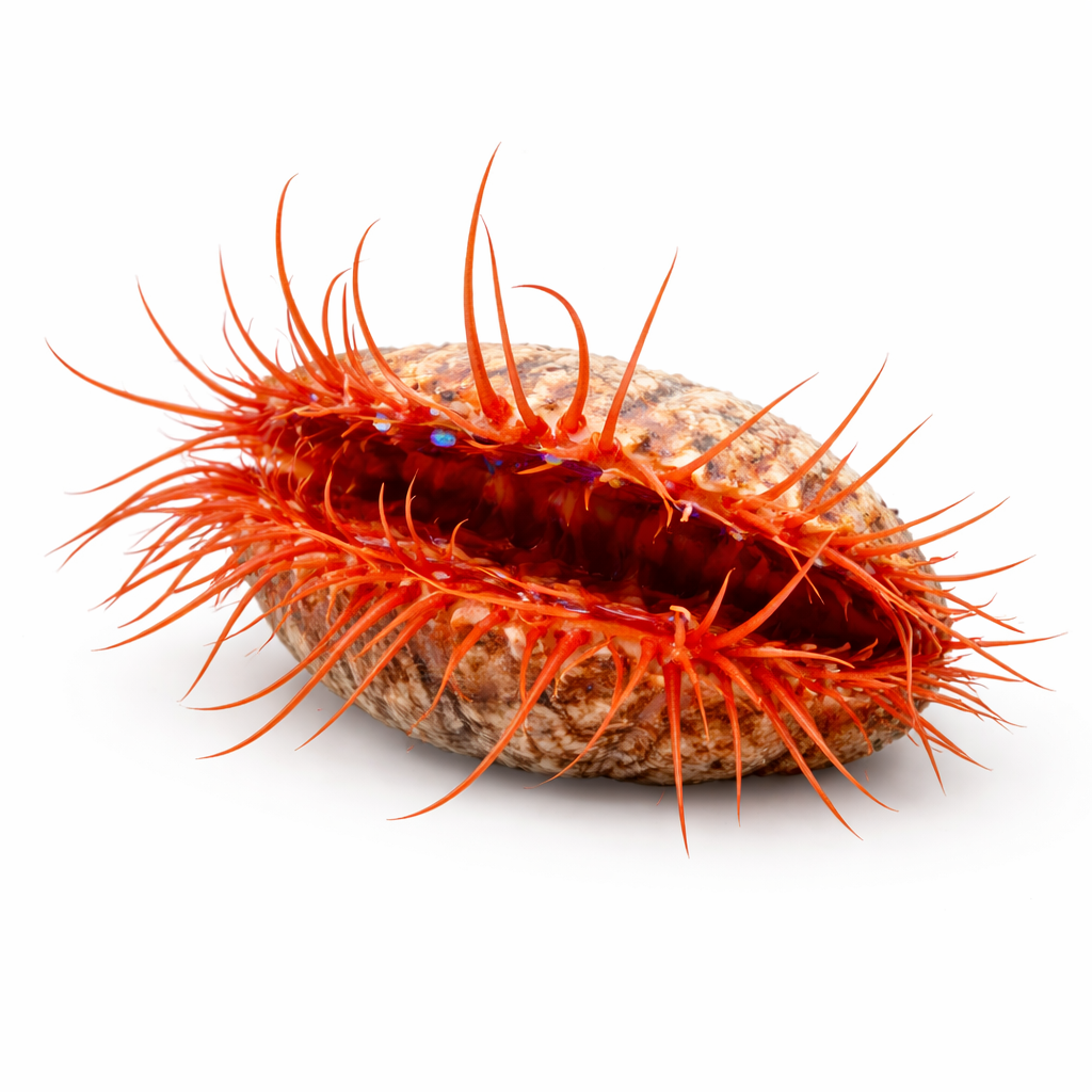 Nahaufnahme eines roten, stacheligen Meerestiers in einer geöffneten muschelähnlichen Schale auf weißem Hintergrund