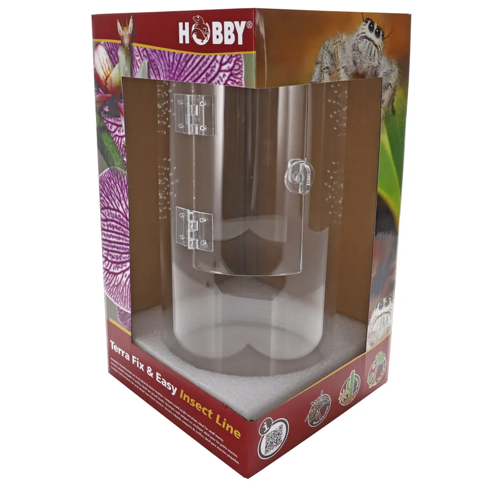 Hobby Terra Fix & Easy Insect Line transparente Kunststoff-Futterstation mit Klappe im Verpackungskarton, geeignet für Terrarien und Insektenhaltung