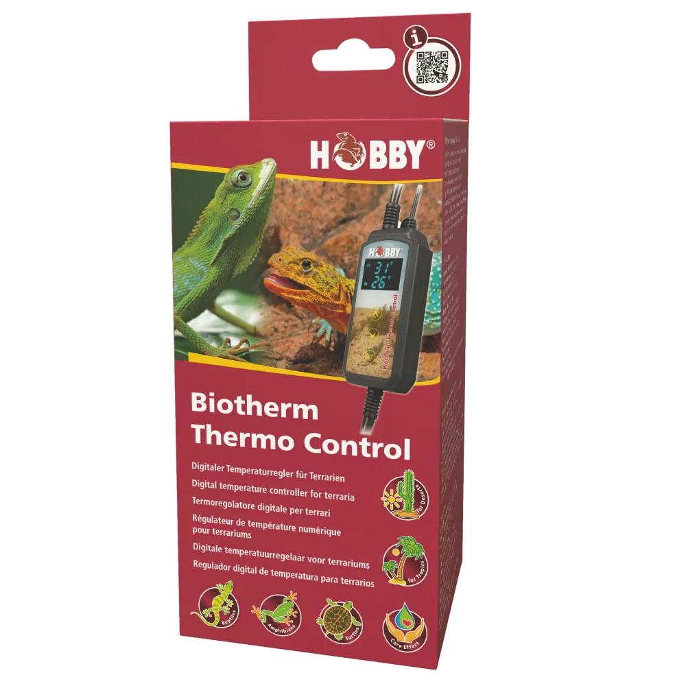 Verpackung des Hobby Biotherm Thermo Control digitalen Terrarium-Thermostats mit Produktbild, beleuchtetem Display, Sensoranschluss und Reptilien-Motiv (Eidechsen)