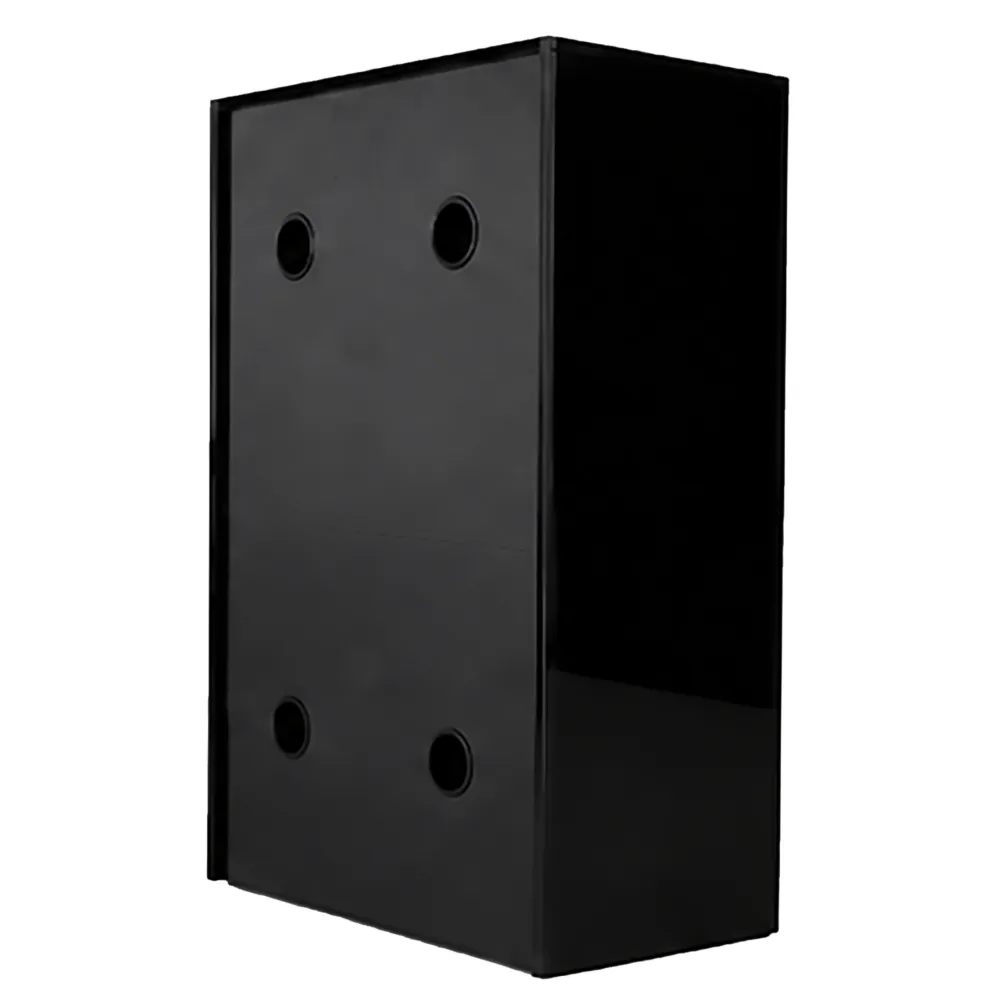 Rückansicht des Hobby Terra Fix & Easy Stand 60 black Terrarium-Unterschranks (60×45×90 cm) aus FSC®-Holz in Schwarz mit vier Kabel-/Belüftungsöffnungen; passgenau für Terra Fix & Easy, Technik hinter Schwarzglas verborgen, bis 200 kg belastbar