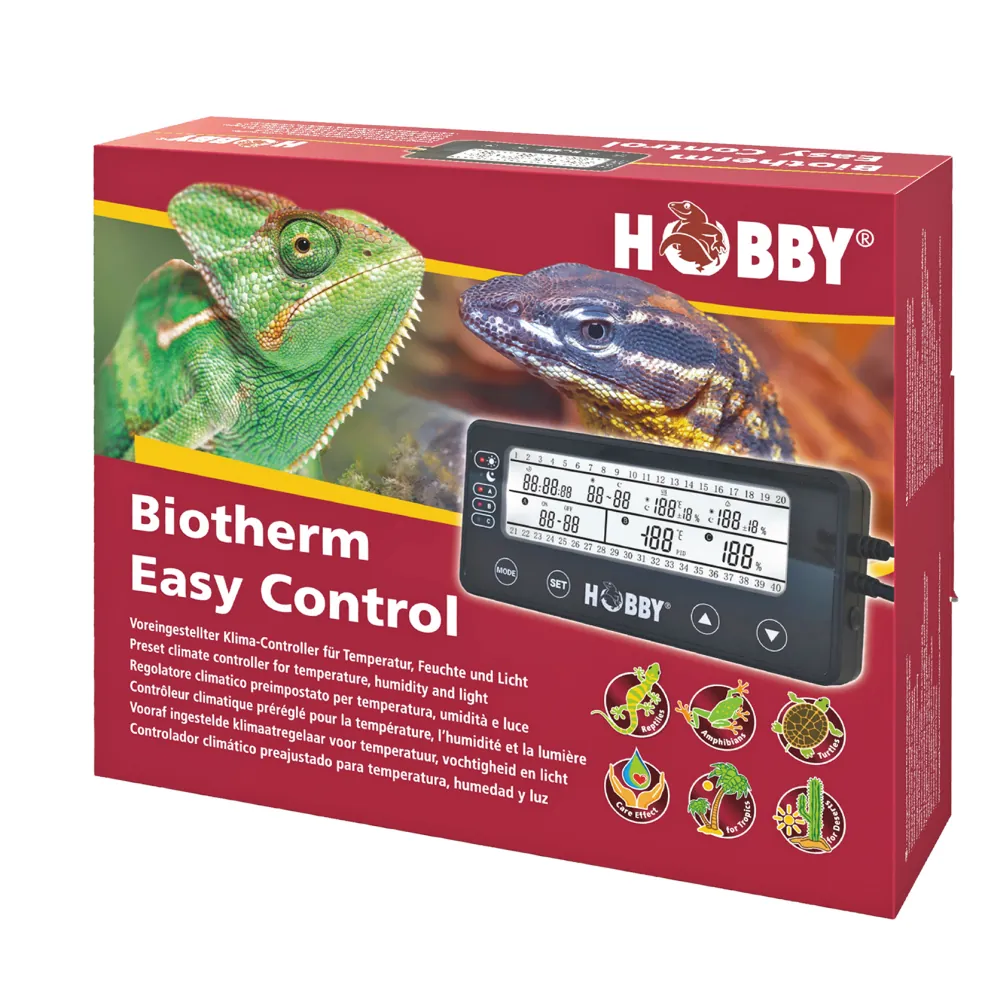 Produktverpackung des Hobby Biotherm Easy Control Klima-Controllers für Terrarien mit großem Display und Bedienknöpfen, Markenlogo sowie Fotos von Chamäleon und Echse; steuert Temperatur, Luftfeuchte und Beleuchtung für Reptilien