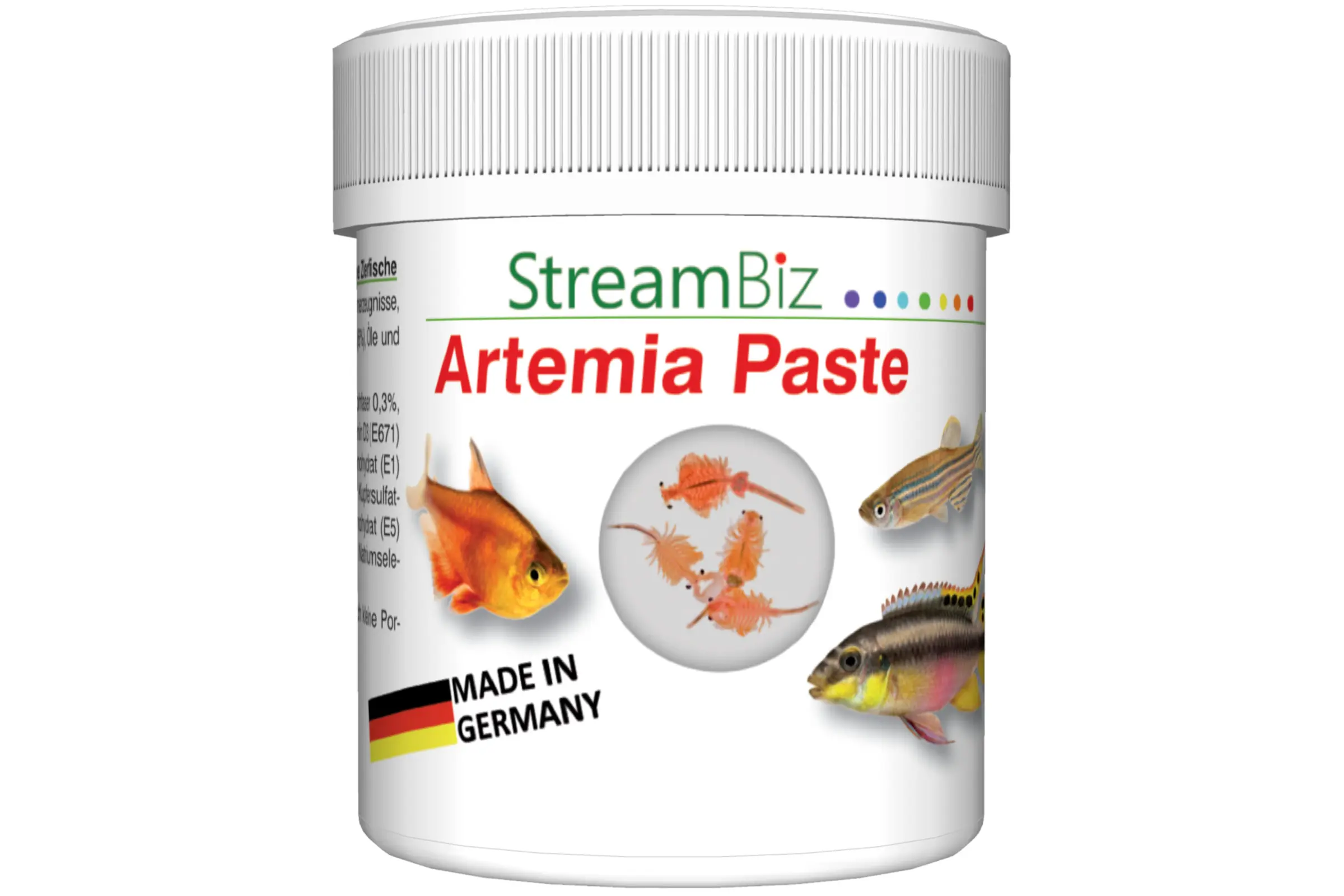 Produktbild: StreamBiz Artemia Paste Dose (2 Größen) mit Etikett, Fischillustrationen und 'Made in Germany'-Logo. Hochwertige Artemia-Paste zur Förderung von Wachstum und Farbenpracht in Zierfischen.