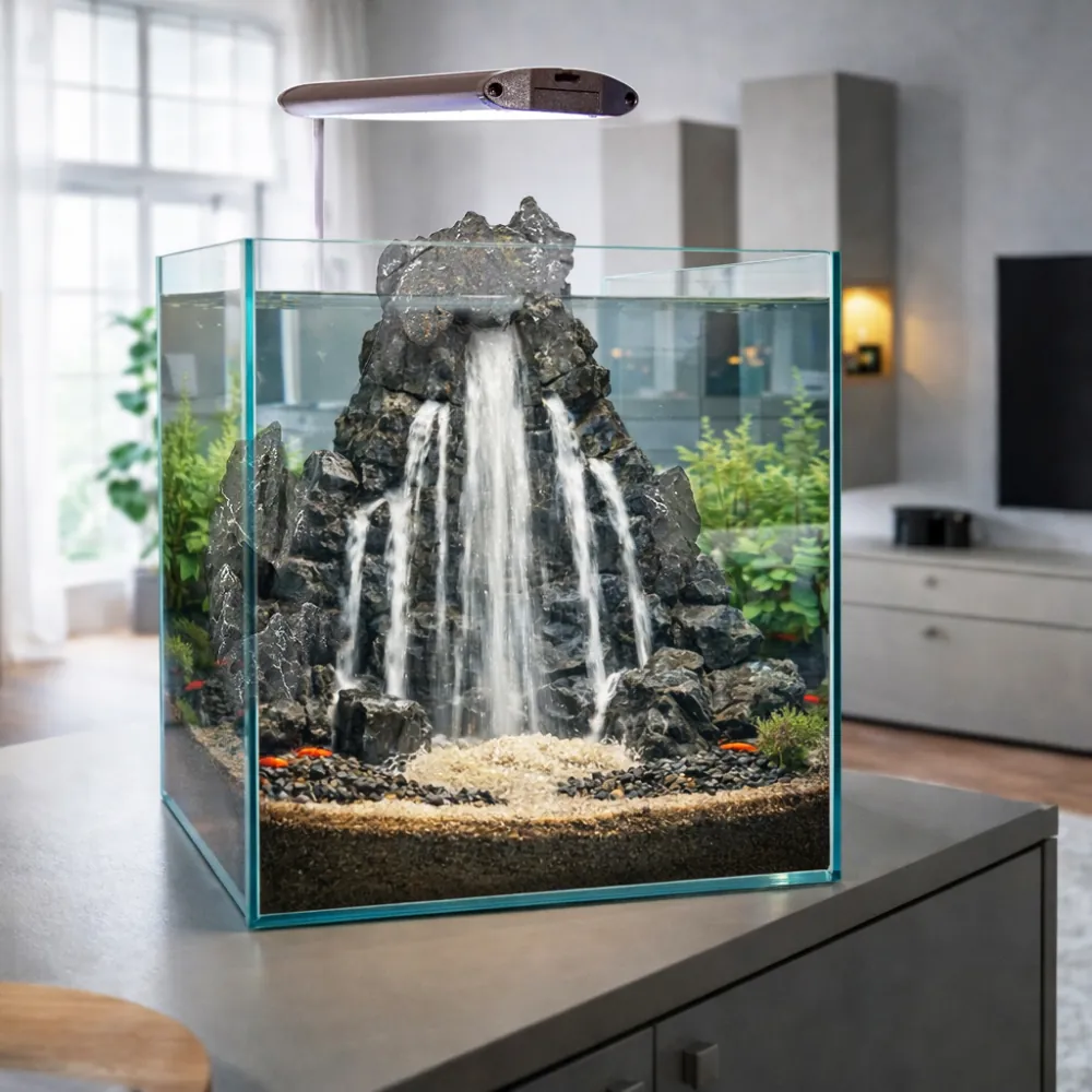 Hobby Sandfall Unterwasser-Sandfall als Aquarium-Deko (25,5 × 20 × 26,5 cm) mit Felsstruktur und rieselndem Sandkanal, sichtbar in Betrieb mit Aquarienpumpe (Pumpe nicht enthalten), Startsand inklusive