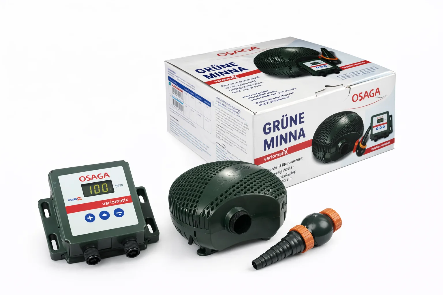 OSAGA Grüne Minna Variomatix Teichfilter- und Umwälzpumpe mit Steuergerät und Anschlussadapter, regelbare Wasserförderung für Filter, Bachlauf und gezielte Umwälzung (2 Varianten)