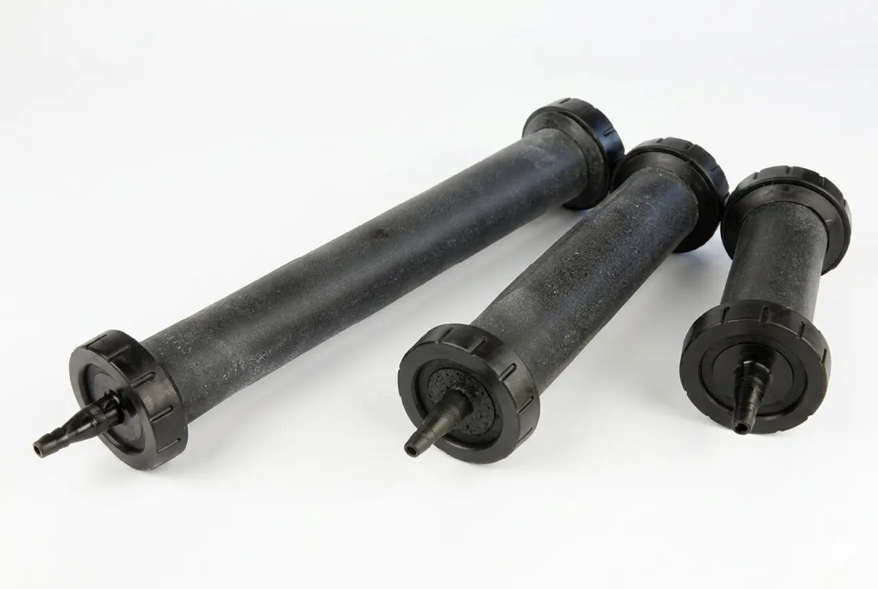 Hailea Membran-Luftausströmer in drei Größen, schwarzer zylindrischer Ausströmer mit Anschlussstutzen; feinperlige Belüftung für Teich, Aufzucht und Luftheber