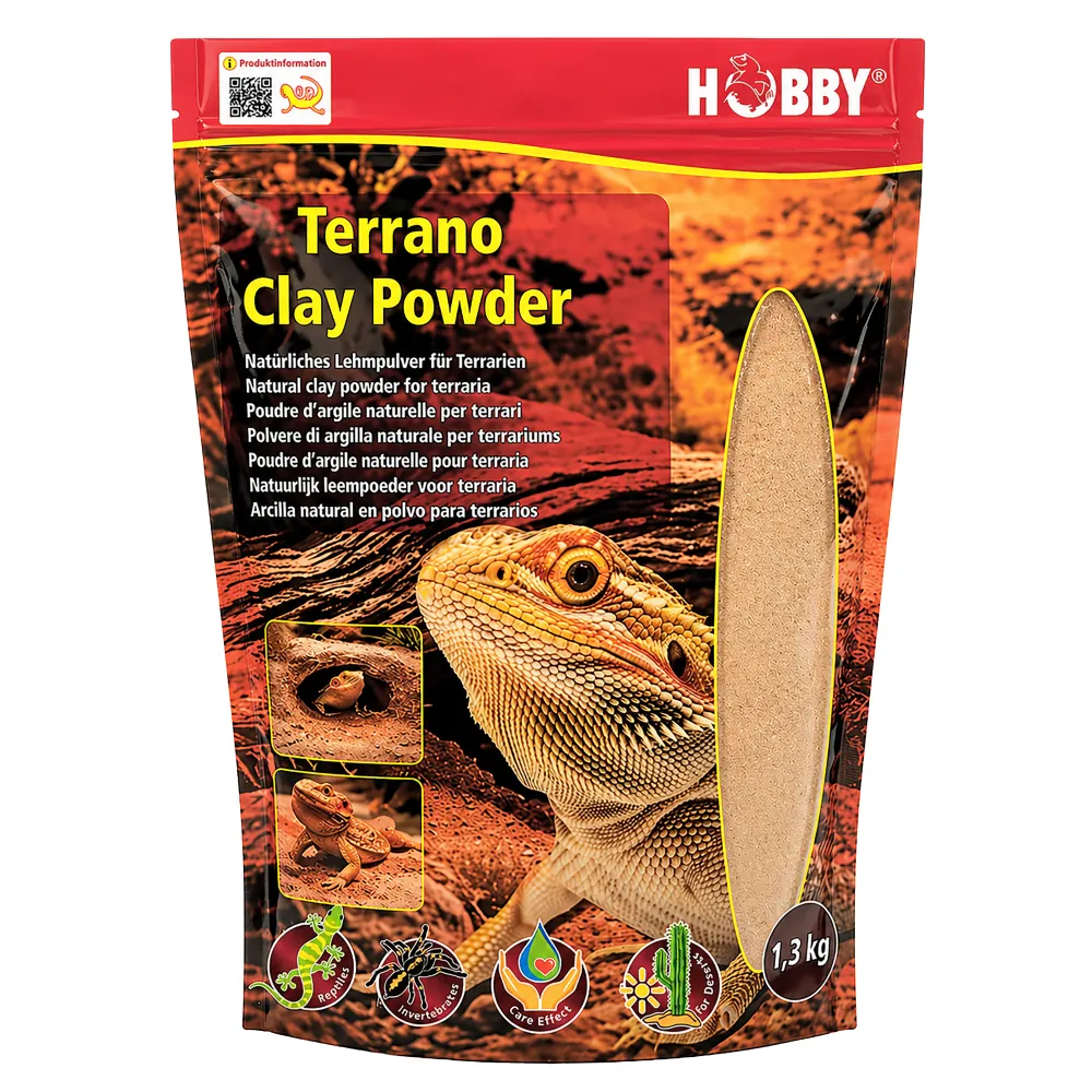 Vorderansicht des roten Standbeutels 'Hobby Terrano Clay Powder' 1,3 kg mit Bartagame-Motiv, Sichtfenster, Produktbeschreibung 'Natürliches Lehmpulver für Terrarien' und Pflege-Icons