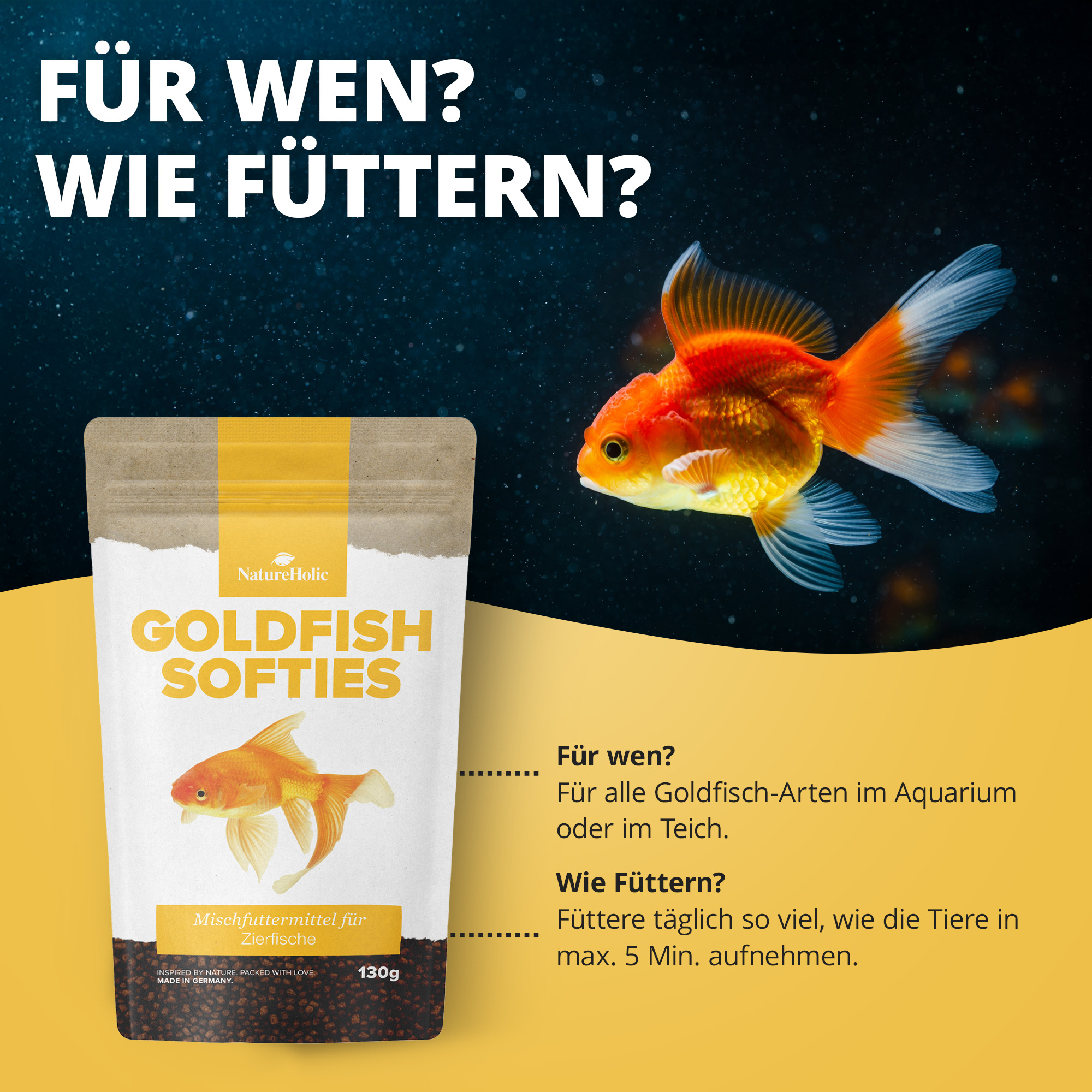 Packung Goldfish Softies neben Goldfisch und Fütterhinweisen