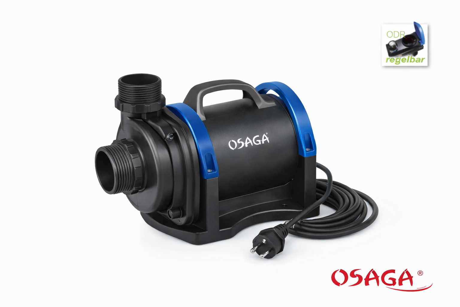 OSAGA Teich- und Gartenpumpe in Schwarz mit blauen Bügeln, Tragegriff, großem Gewindeanschluss und angeschlossenem Stromkabel mit Schutzstecker – kompakte Förderpumpe für Garten- und Teichanwendungen