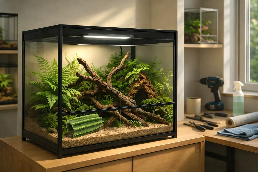 Schwarzes Glas-Terrarium auf Holzkommode mit LED-Beleuchtung, Sand-Bodengrund, Farnen, Moos und dekorativen Wurzelästen – Terrarien-Display für Reptilien und Pflanzen