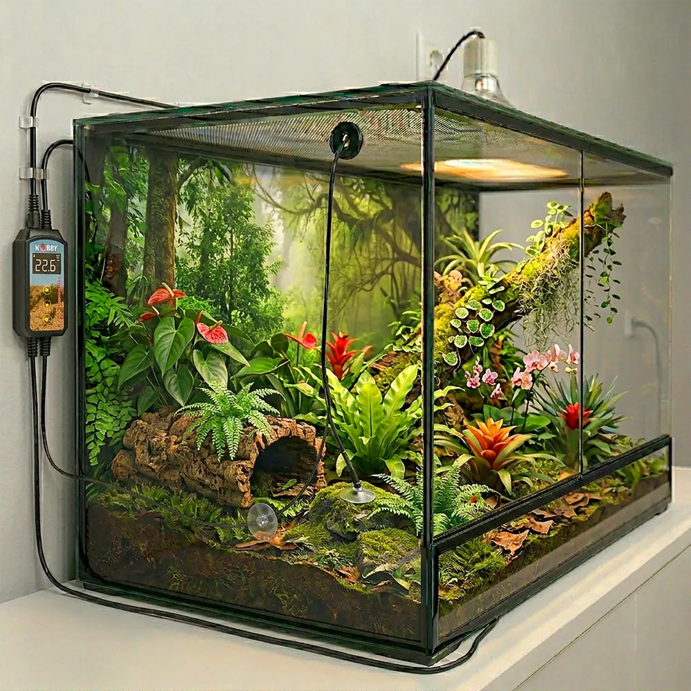Hobby Biotherm Thermo Control digitaler PID-Temperaturregler außen am Glas-Terrarium montiert, Display zeigt 22,6 °C; Kabel mit wasserdichtem Sensor führt ins reich bepflanzte Tropen-Terrarium – intelligente Temperaturkontrolle bis 300 W