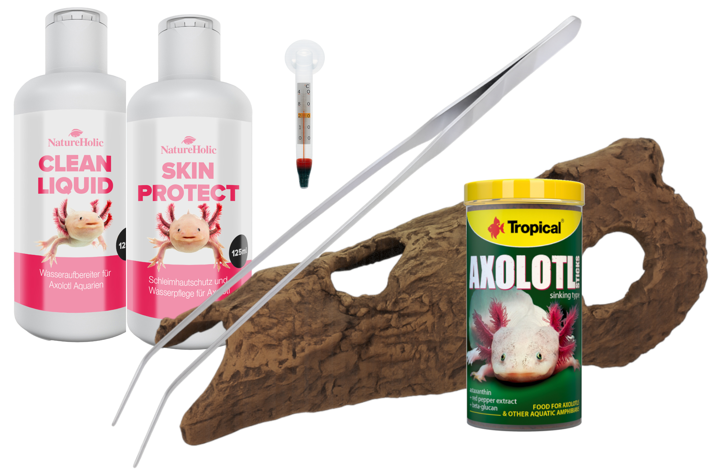 Axolotl Starter-Set: Hautschutz, Höhle & Futter