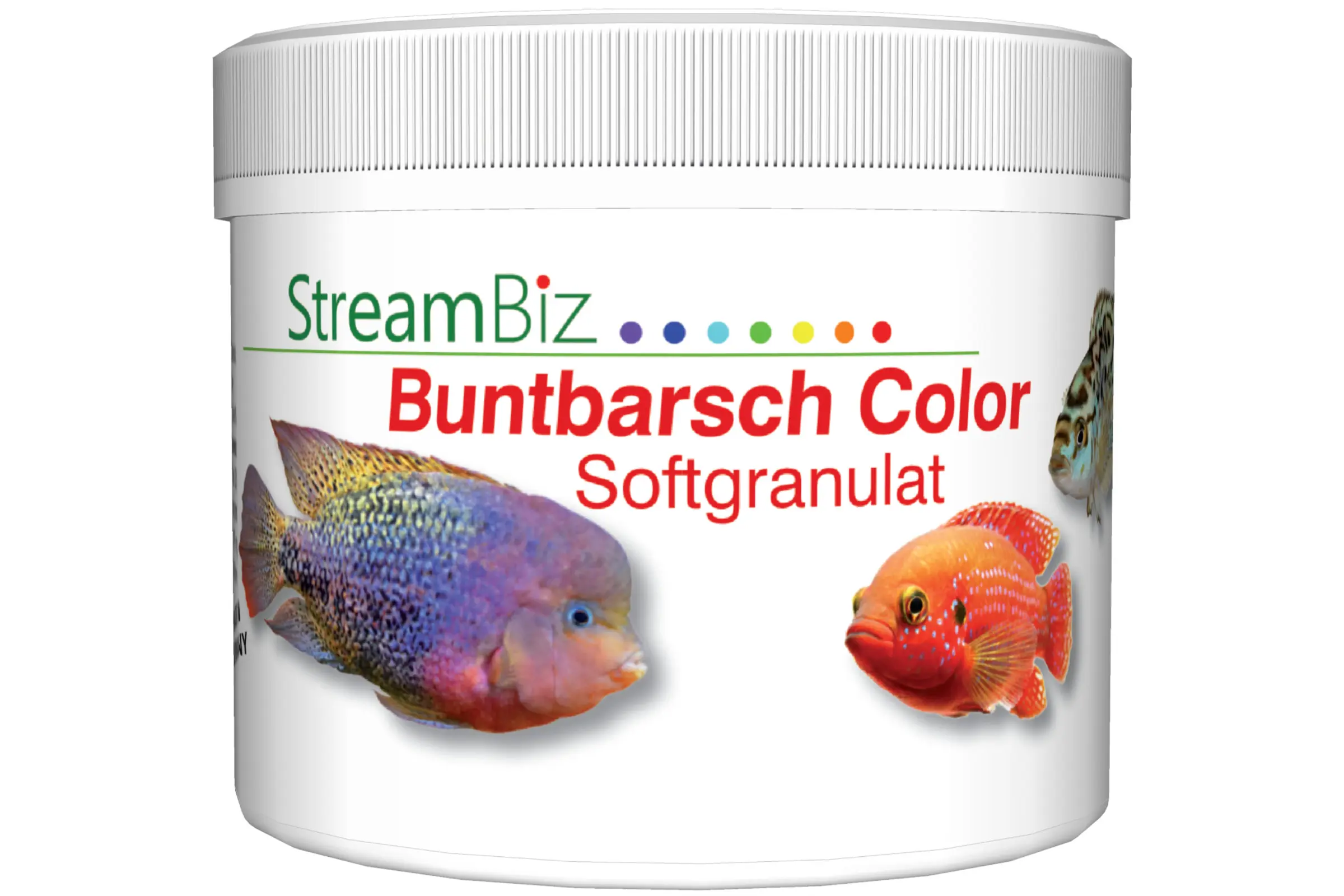 Produktbild: StreamBiz Buntbarsch Color Softgranulat im Dosen-Behälter mit Buntbarschen auf dem Etikett; weiches Farbgranulat für Cichliden, 2% Spirulina und Gemüse, gut verdaulich, fördert Farbwirkung, erhältlich in 80 g oder 230 g