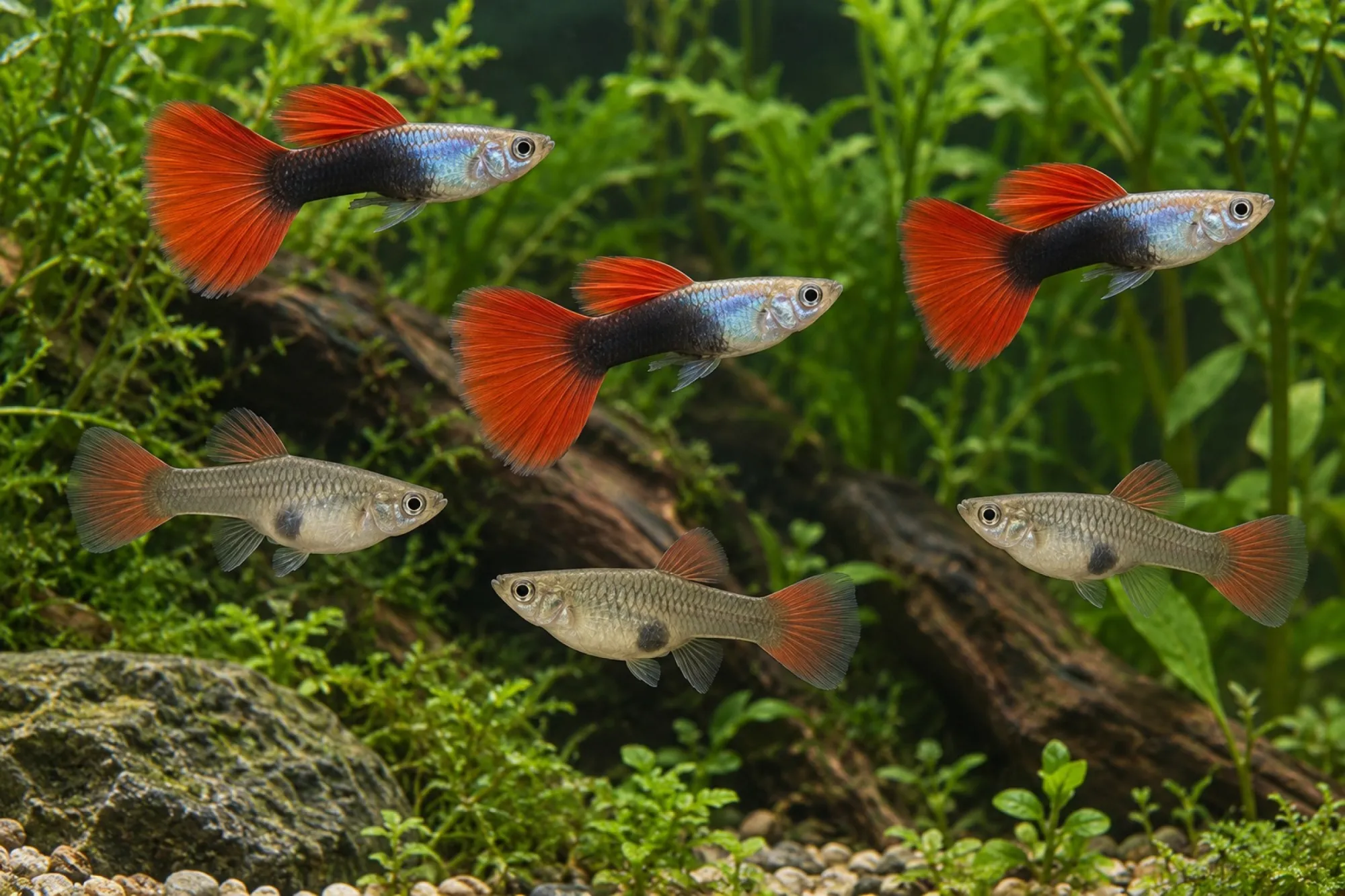 Guppy „German Red Flash“, Set 5 Männchen + 5 Weibchen, Poecilia reticulata