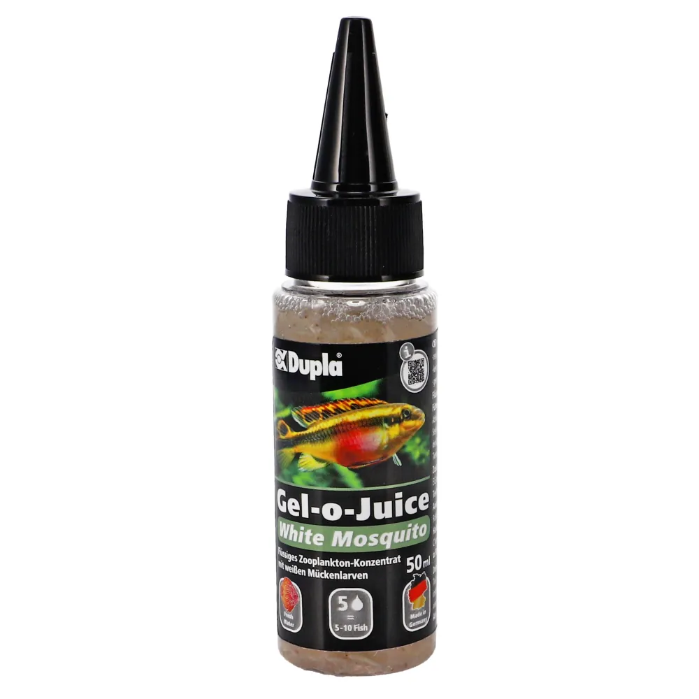Flasche Dupla Gel-o-Juice White Mosquito 50 ml mit schwarzem Dosierdeckel und Etikettbild eines bunten Aquarienfisches, flüssiges Zooplankton-Konzentrat für Aquarienfische