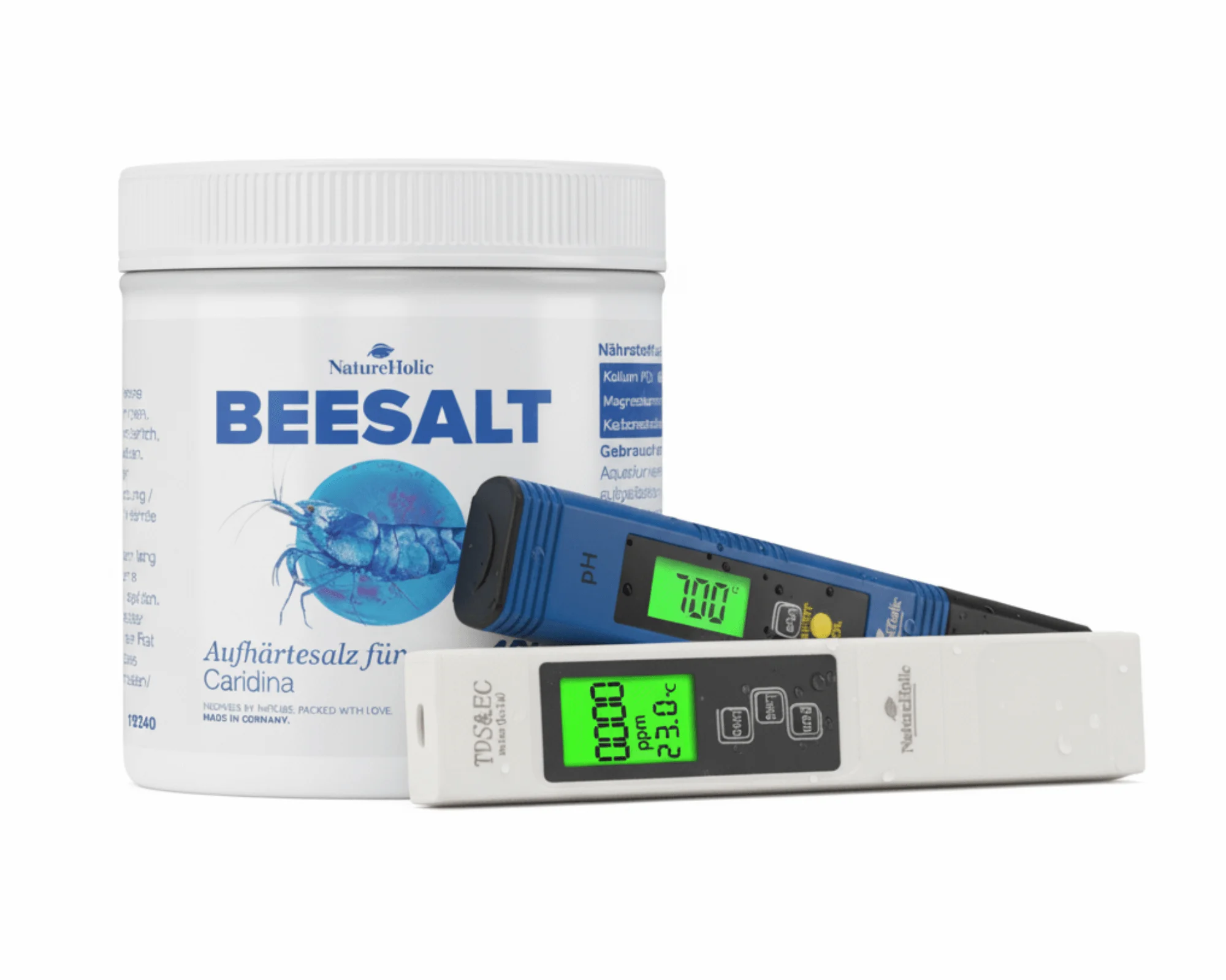 Beesalt Aufhärtesalz Dose und Messgeräte (pH, TDS)