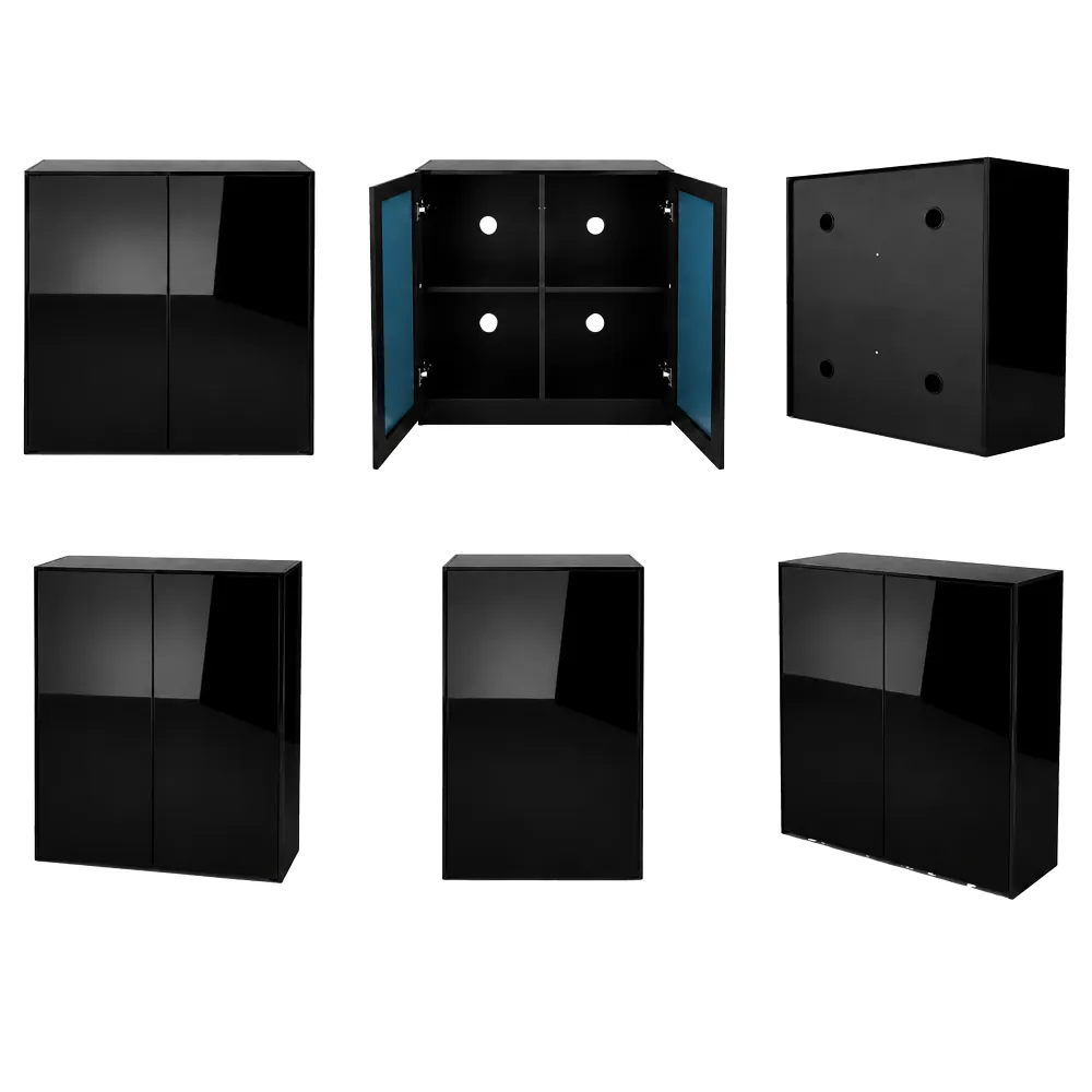 Mehrfachansicht des Hobby Terra Fix & Easy Stand 90 black: schwarzer Terrarien-Unterschrank mit hochglänzenden Schwarzglas-Türen, Innenraum mit Regalboden und Kabeldurchführungen (rund), Rückwandöffnungen sichtbar; passgenau für Terra Fix & Easy Becken, b