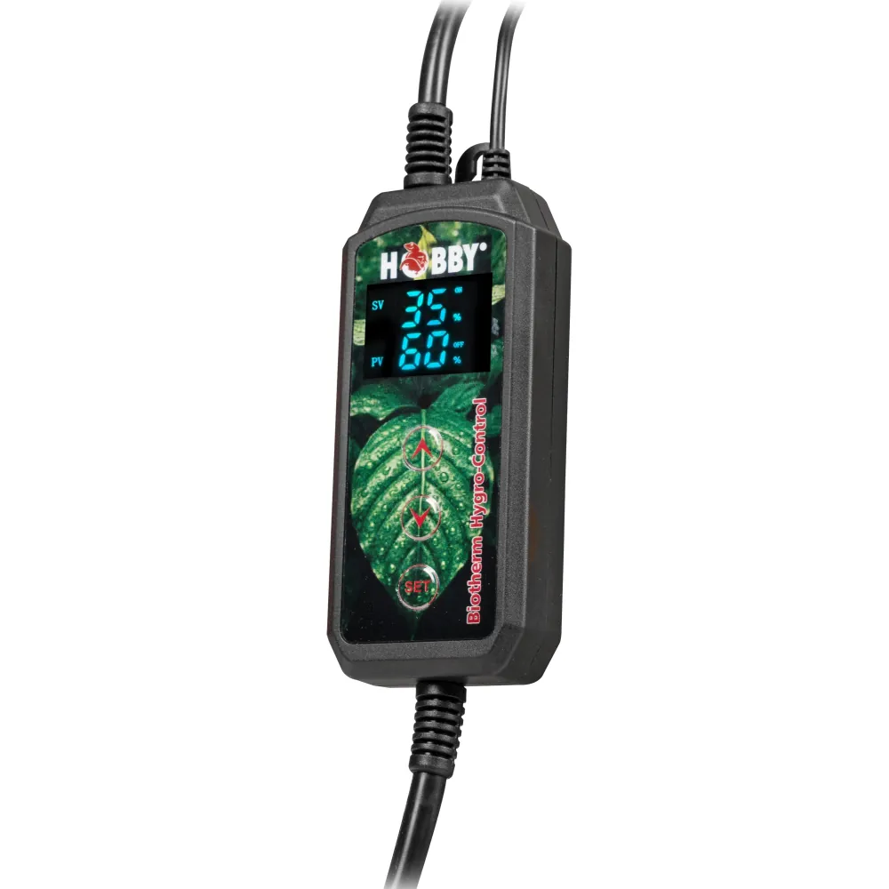 Produktbild: Hobby Biotherm Hygro Control digitaler Hygrostat mit beleuchtetem Display (SV 35%, PV 60%), schwarzes Gehäuse, zwei Kabel, grüne Blatt-Grafik auf Frontplatte – Feuchtigkeitsregler für Terrarien