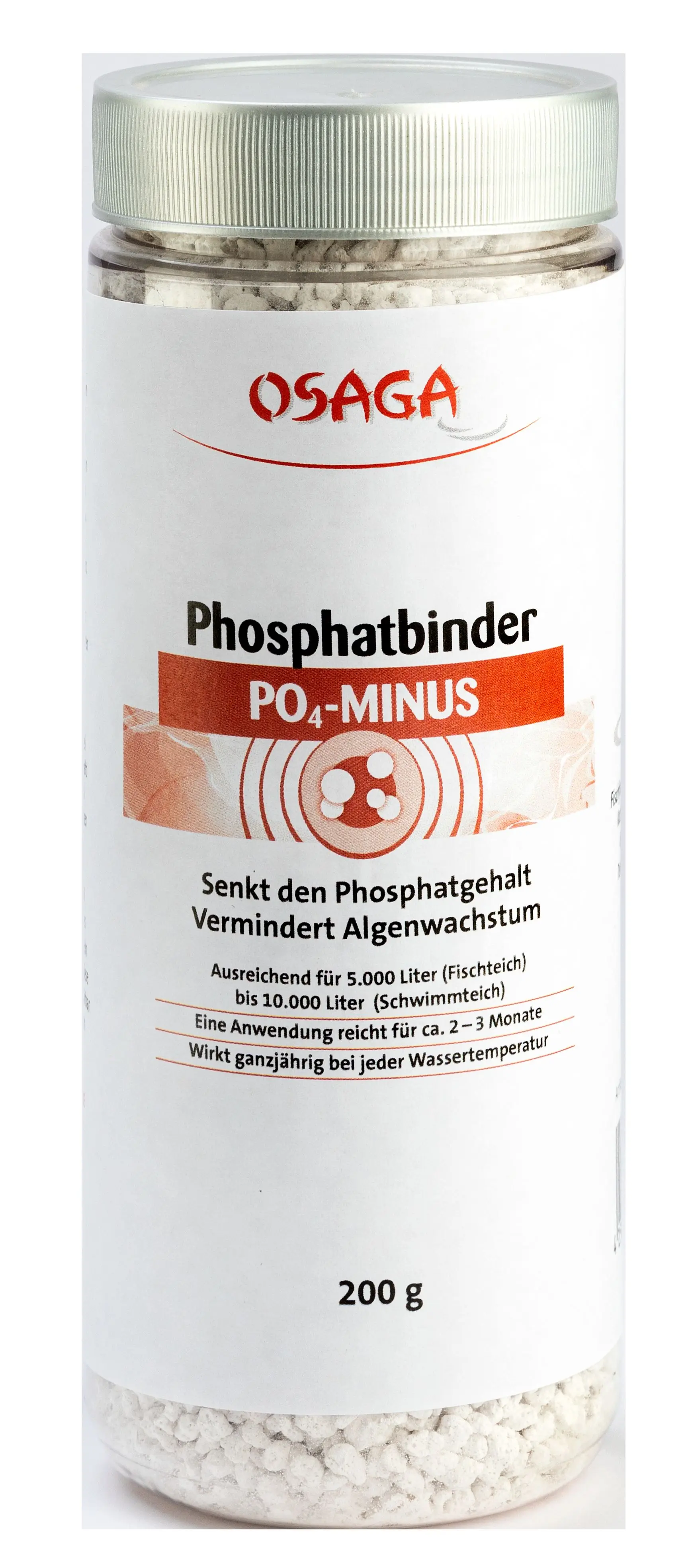 OSAGA Phosphatbinder PO4-MINUS 200 g im Kunststoffbehälter, weißes Granulat sichtbar; bindet gelöstes Phosphat für klares Teichwasser und weniger Algen (Hersteller OSAGA)