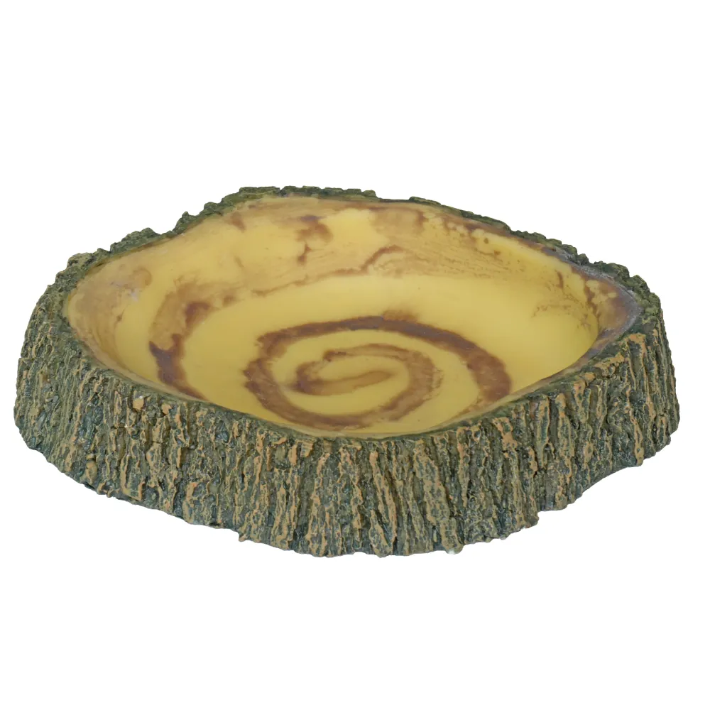 Hobby Bark Bowl 2 Futternapf in naturgetreuer Rindenoptik, glatte gelb-braune Innenfläche mit Spiralmuster, 17 × 15,5 × 3,5 cm – Wassernapf für Reptilien, Amphibien und Wirbellose, robust und leicht zu reinigen