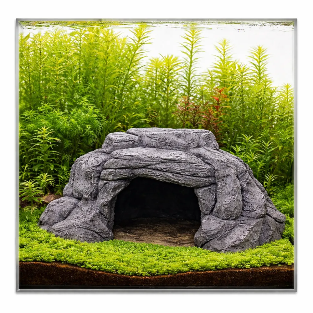 Graue Kunstfelsen-Höhle als Aquarium-Versteck vor dichtem grünen Pflanzenwuchs und Bodengrün
