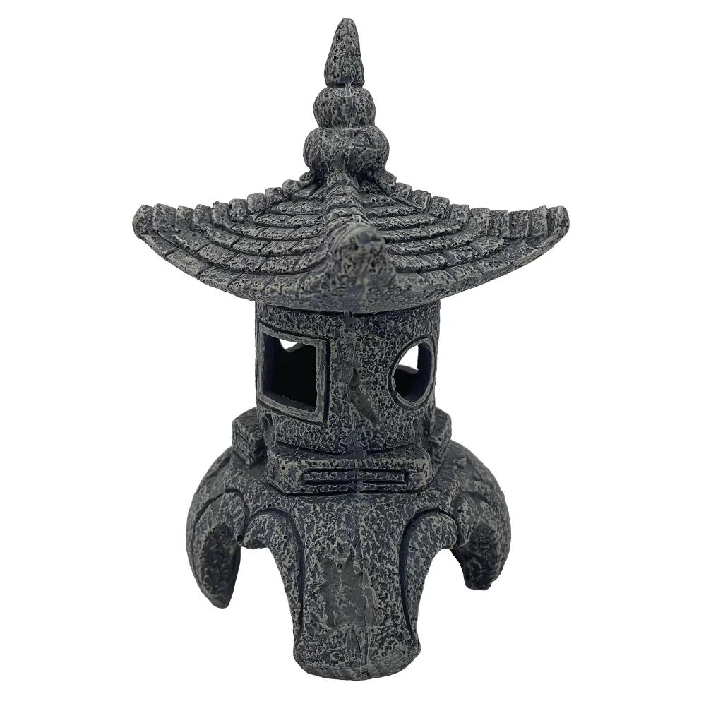 Hobby Maso Temple Aquarium-Deko: grauer asiatischer Tempel mit gestuften Dächern, Öffnungen und Nischen als Versteck für Fische und Garnelen, 11 × 11 × 16 cm, robuste Polyresin-Oberfläche mit Moosoptik