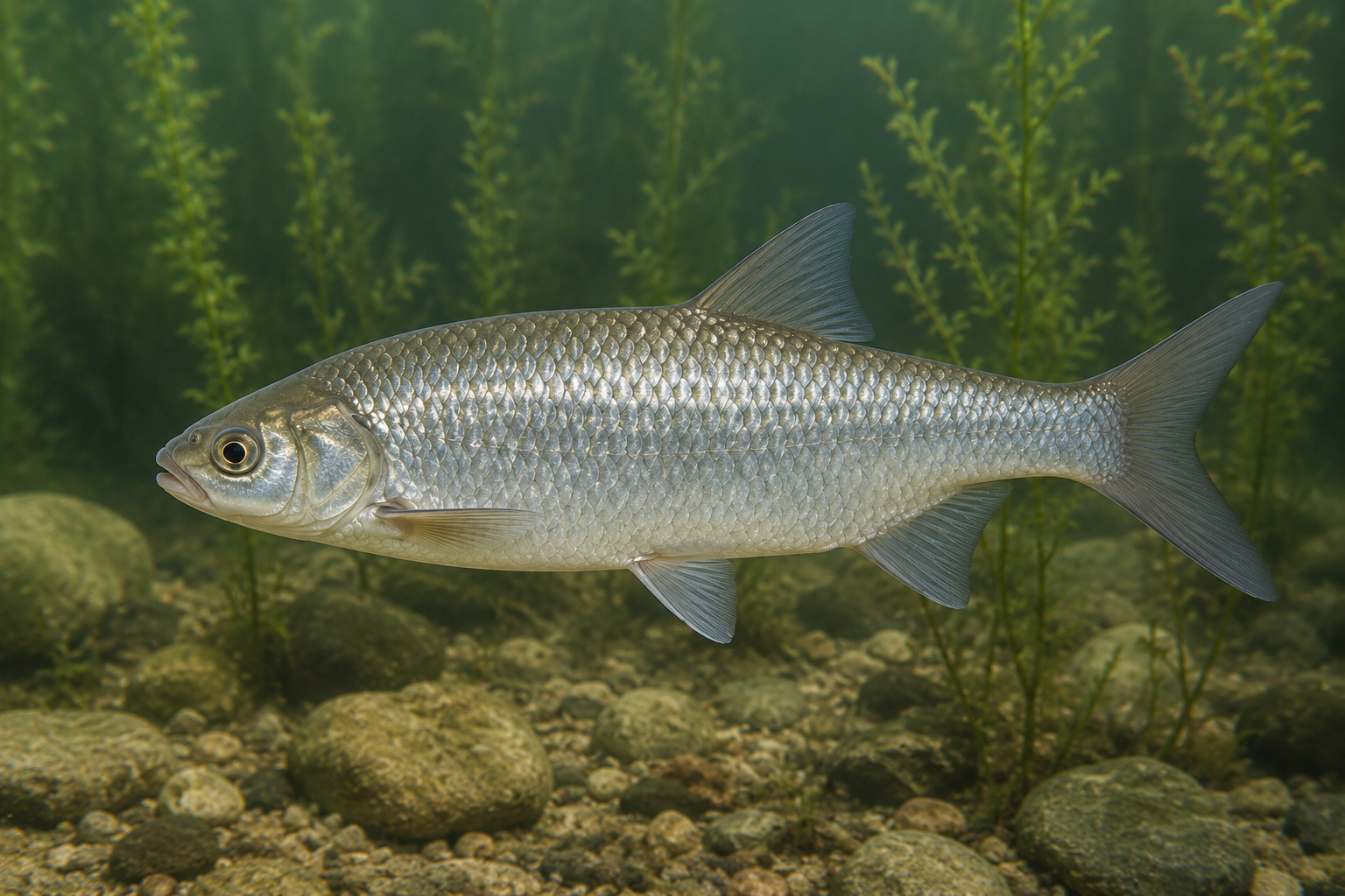 Silberorfe (Leuciscus idus) in klarem, sauerstoffreichem Teichwasser – silbrig glänzender Kaltwasserfisch, seitliche Ansicht mit deutlichen Schuppen und eleganter Schwimmhaltung; geeignet für größere Gartenteiche (7–10 cm)