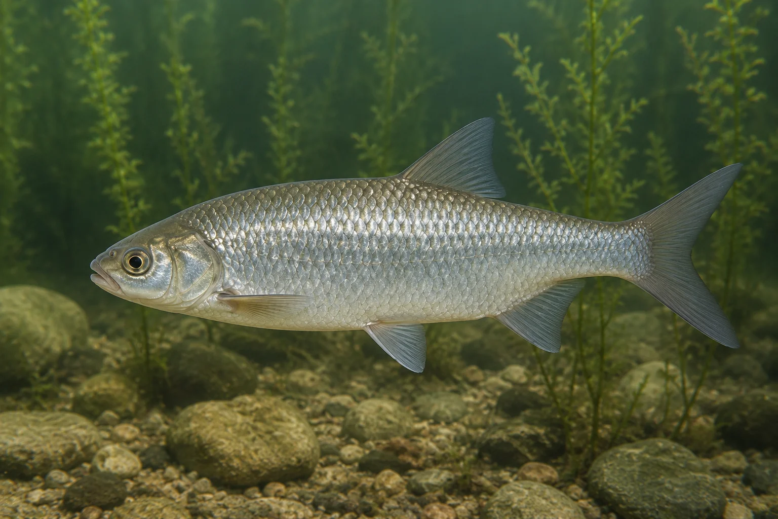 Silberorfe (Leuciscus idus) in klarem, sauerstoffreichem Teichwasser – silbrig glänzender Kaltwasserfisch, seitliche Ansicht mit deutlichen Schuppen und eleganter Schwimmhaltung; geeignet für größere Gartenteiche (7–10 cm)
