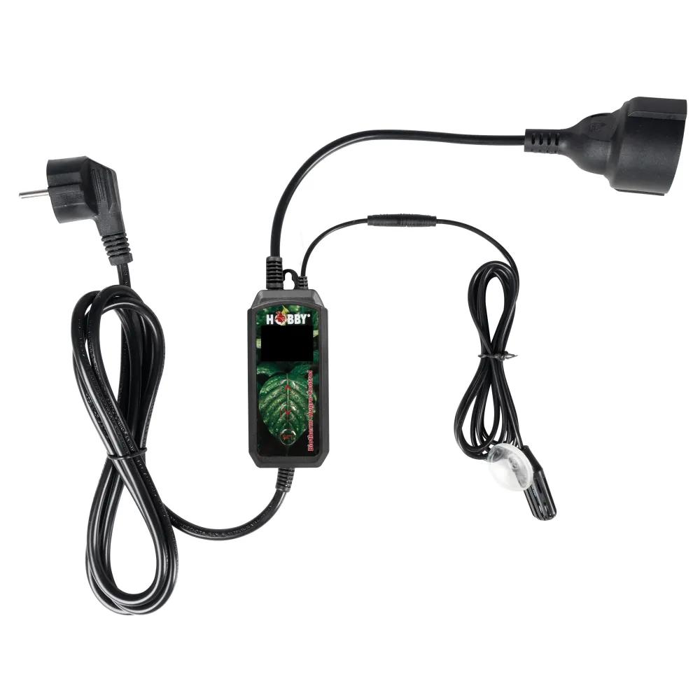 Hobby Biotherm Hygro Control digitaler Feuchtigkeitsregler für Regenwald- und Feuchtterrarien, Gerät mit externem Feuchte-Sensor (mit Saugnapf), Bedienmodul, Netzstecker und schaltbarer Steckdose