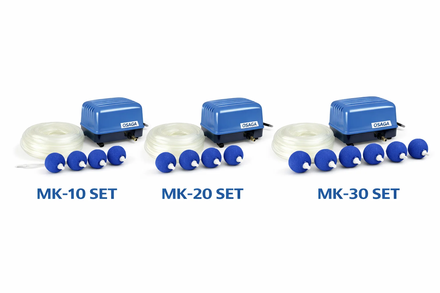 OSAGA Teich-Belüftungssets MK-10, MK-20 und MK-30 mit blauem Kompressor, aufgewickeltem Luftschlauch und blauen Belüftersteinen; komplette Belüftungslösung für Gartenteich, Koiteich und Hälterung