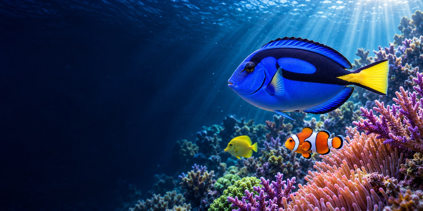 Paletten-Doktorfisch und Clownfisch vor leuchtenden Korallen