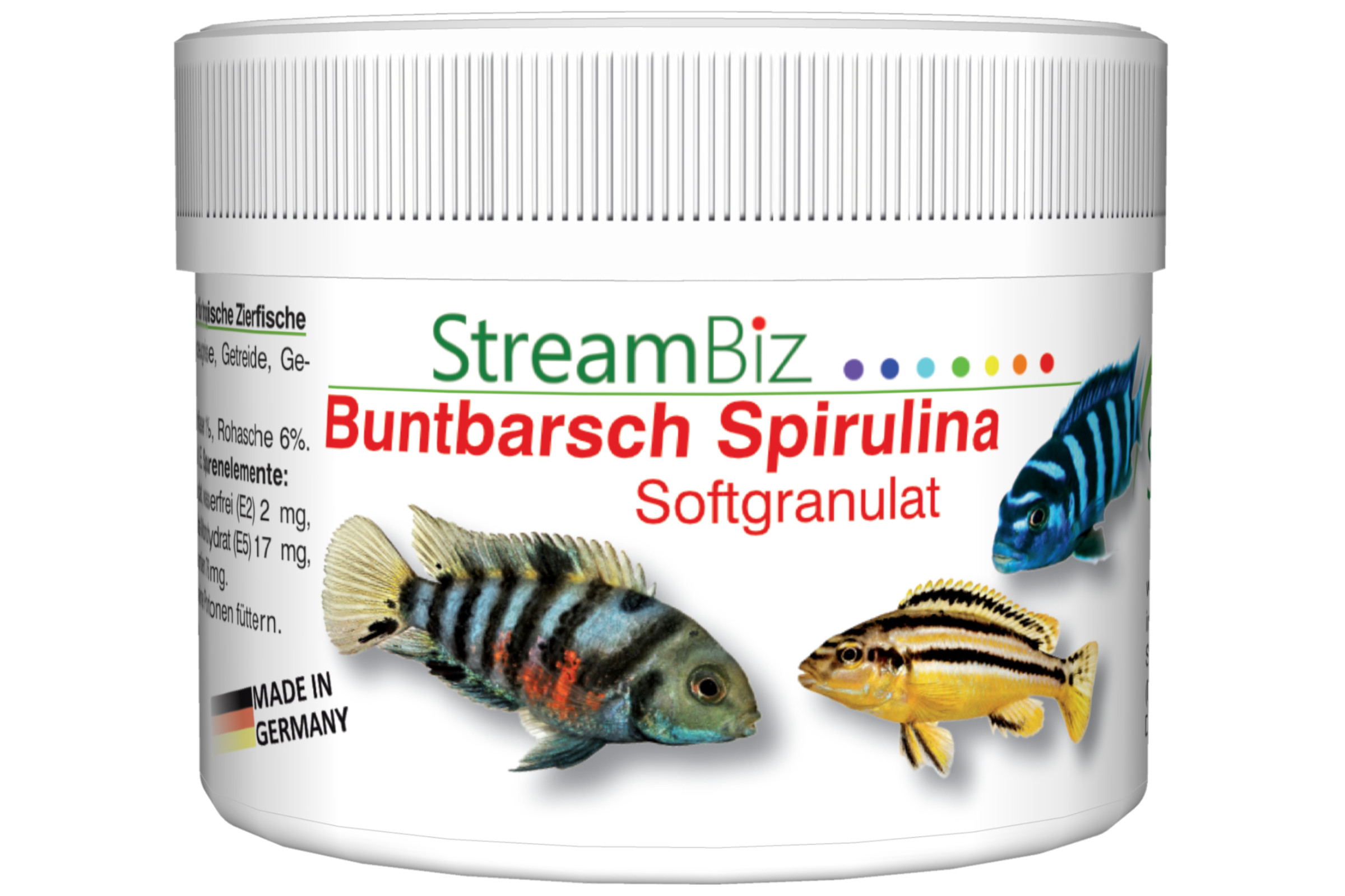 Weißer Kunststoffbecher StreamBiz Buntbarsch Spirulina Softgranulat, Futterdose mit bunten Buntbarsch-Illustrationen, Spirulina-Granulat für Buntbarsche und heranwachsende Jungfische, Hinweis ‚Made in Germany‘