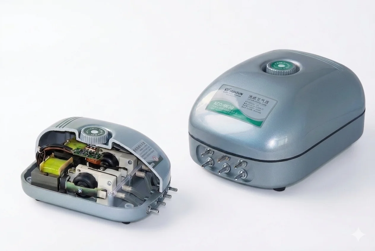 Hailea ACO-9620 Membrankompressor (840 l/h), elektronisch regelbar mit Drehknopf, sechs Ausgänge für 4/6 mm Luftschlauch, kompakte Ausführung zur zentralen Luftversorgung von Teich, Aquarium und Hälterung