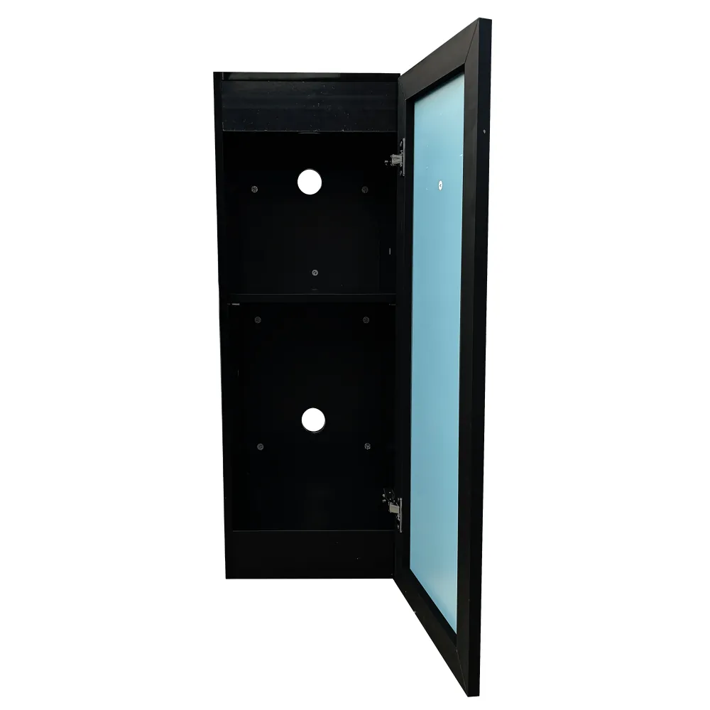 Dupla Marin Cube Stand 50 black Unterschrank 34,5 x 39,5 x 90 cm aus FSC®-Holz, schwarze Glasfront; offene Tür zeigt Innenraum mit Regalboden und runden Kabeldurchführungen, bis 120 kg belastbar