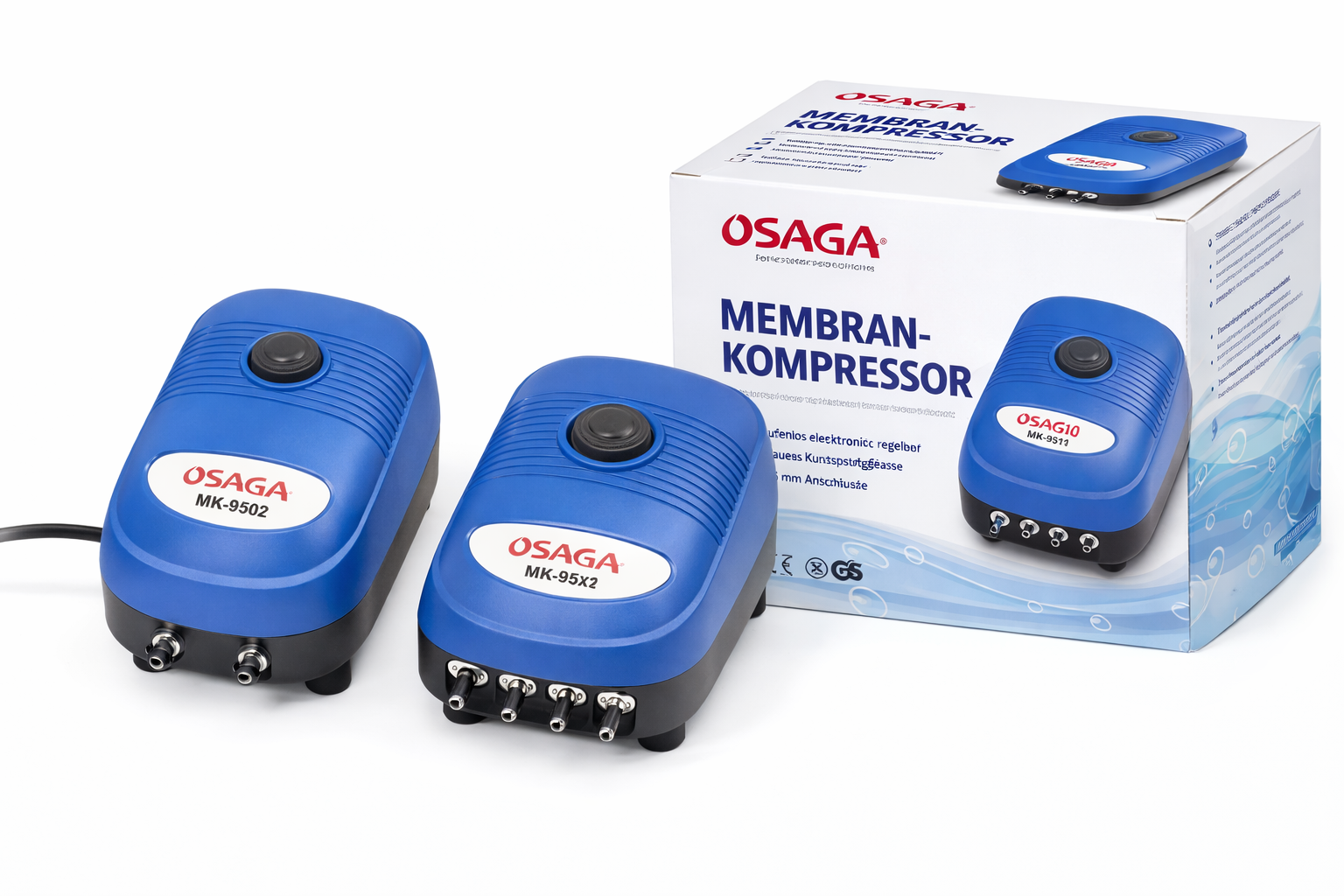 OSAGA regelbarer Membrankompressor MK-95 (3 Varianten), blau, kompakt mit stufenloser elektronischer Luftregelung für kleine Becken, Quarantäne und Belüftungssets