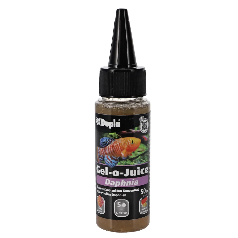 Flasche Dupla Gel-o-Juice Daphnia 50 ml: braunes flüssiges Zooplankton-Konzentrat in klarer Flasche mit schwarzer Tropfkappe, Etikett mit buntem Aquariumfisch