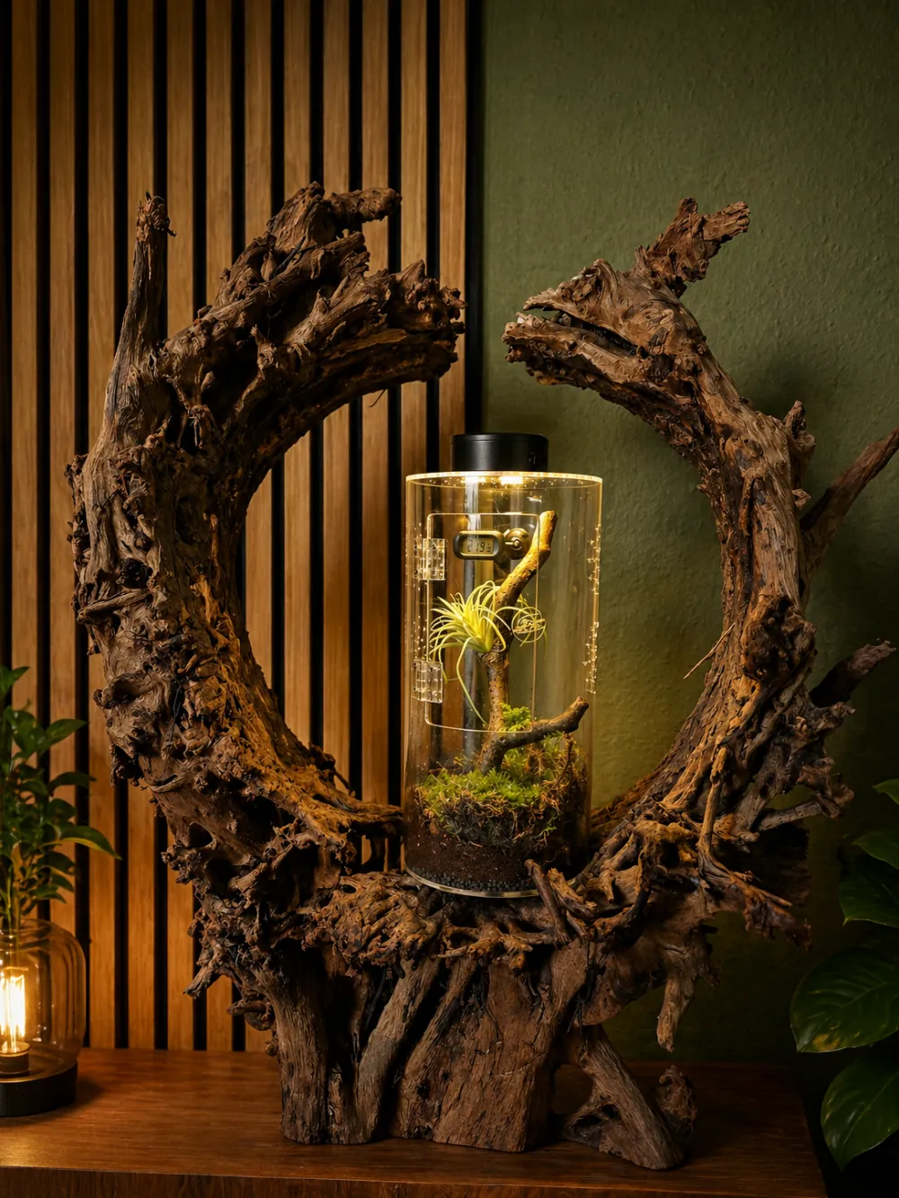 Hobby Terra Fix & Easy Insect Line rundes Acrylterrarium 15 × 15 × 30 cm, befüllt mit Moos, Zweig und Tillandsie auf dekorativem Wurzelholz – 360° Sicht für Springspinnen und kleine Insekten