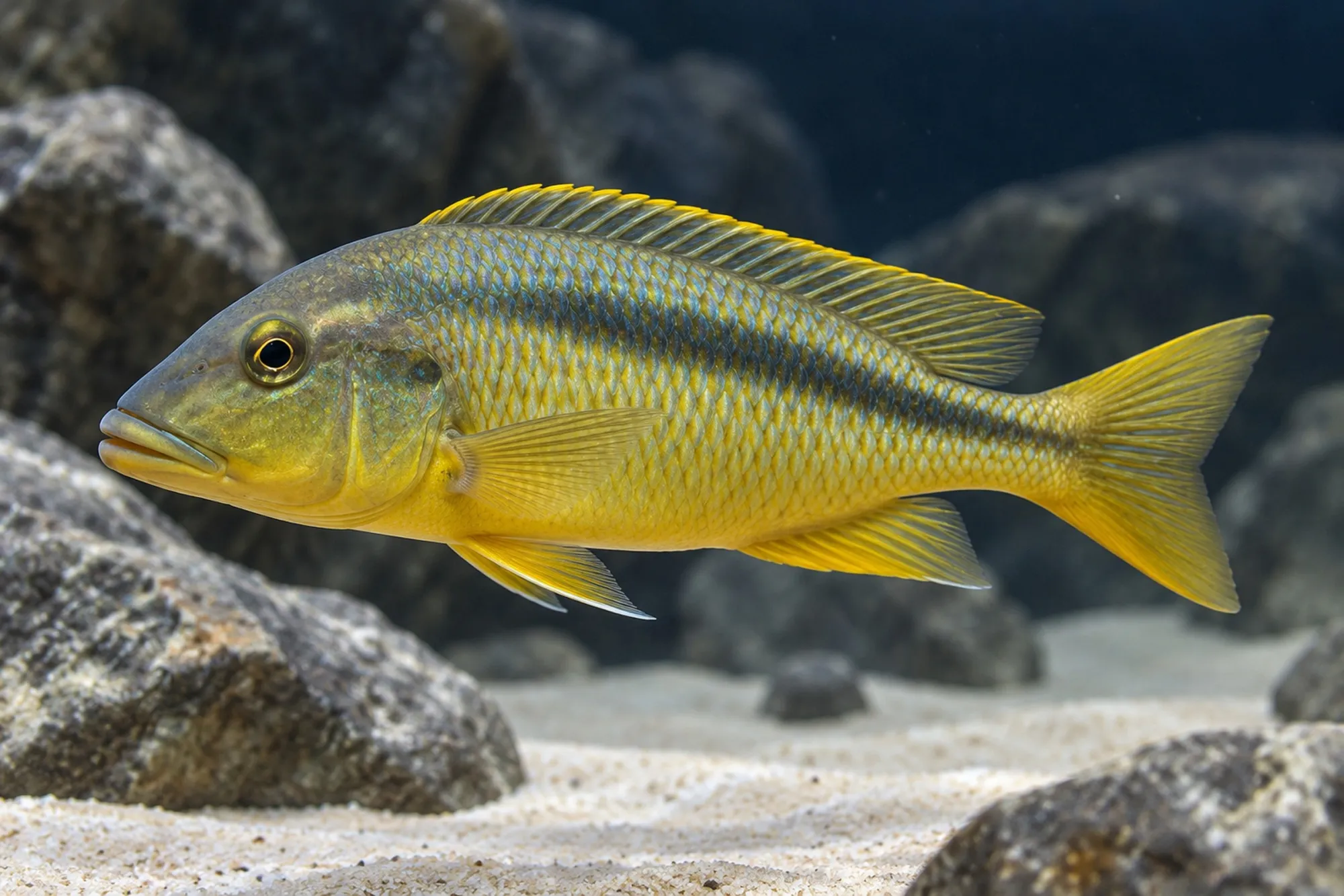 Gelber Rhoades-Großmaulbuntbarsch, Buccochromis rhoadesii