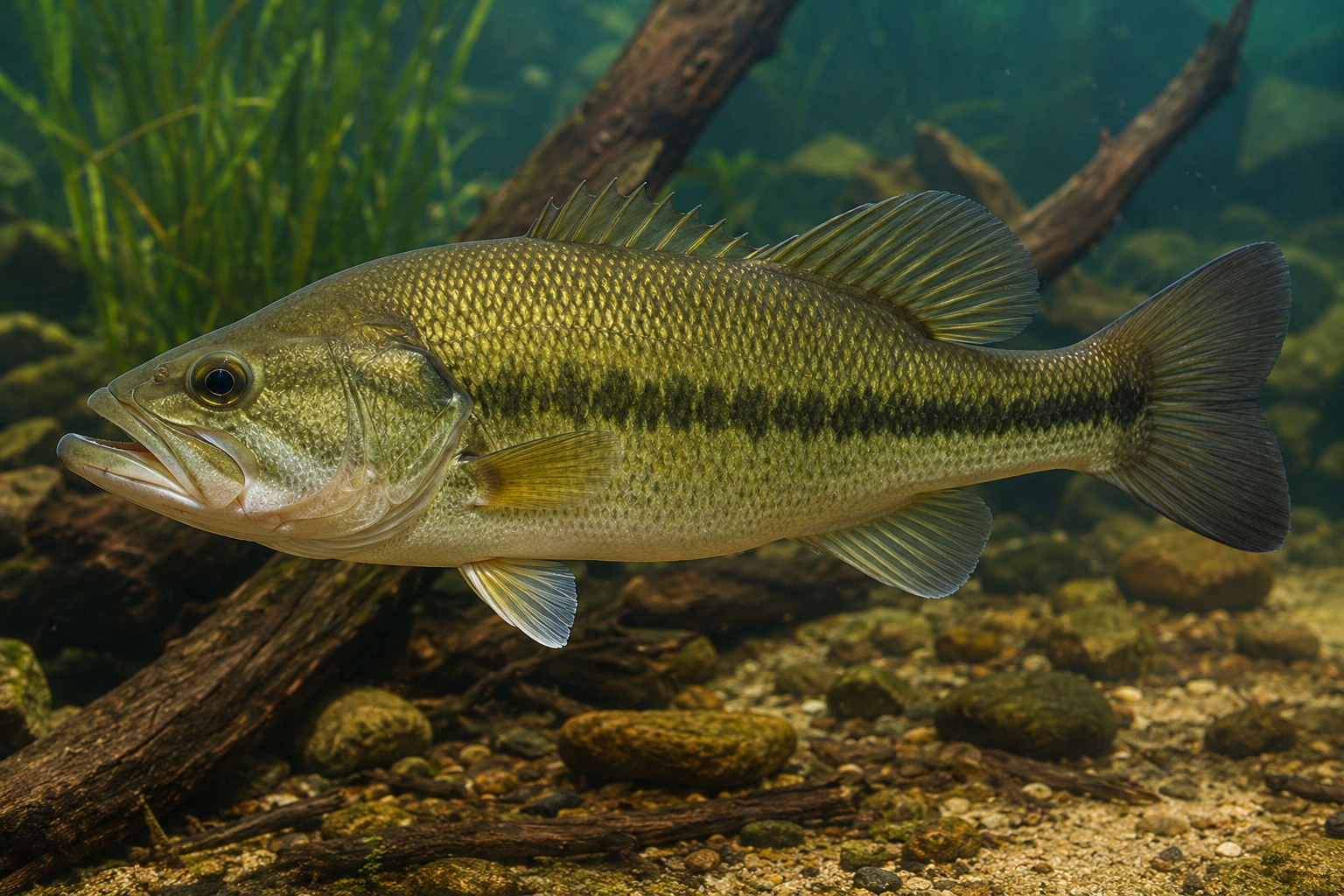 Seitliche Nahaufnahme eines Forellenbarschs (Micropterus salmoides), 10–12 cm, im Kaltwasser-Teich; dicht gemusterte Flanken, lauernder Blick, großes Maul und Hinweis auf intensive Brutpflege am Teichrand – ideal für große geschlossene Naturteiche.