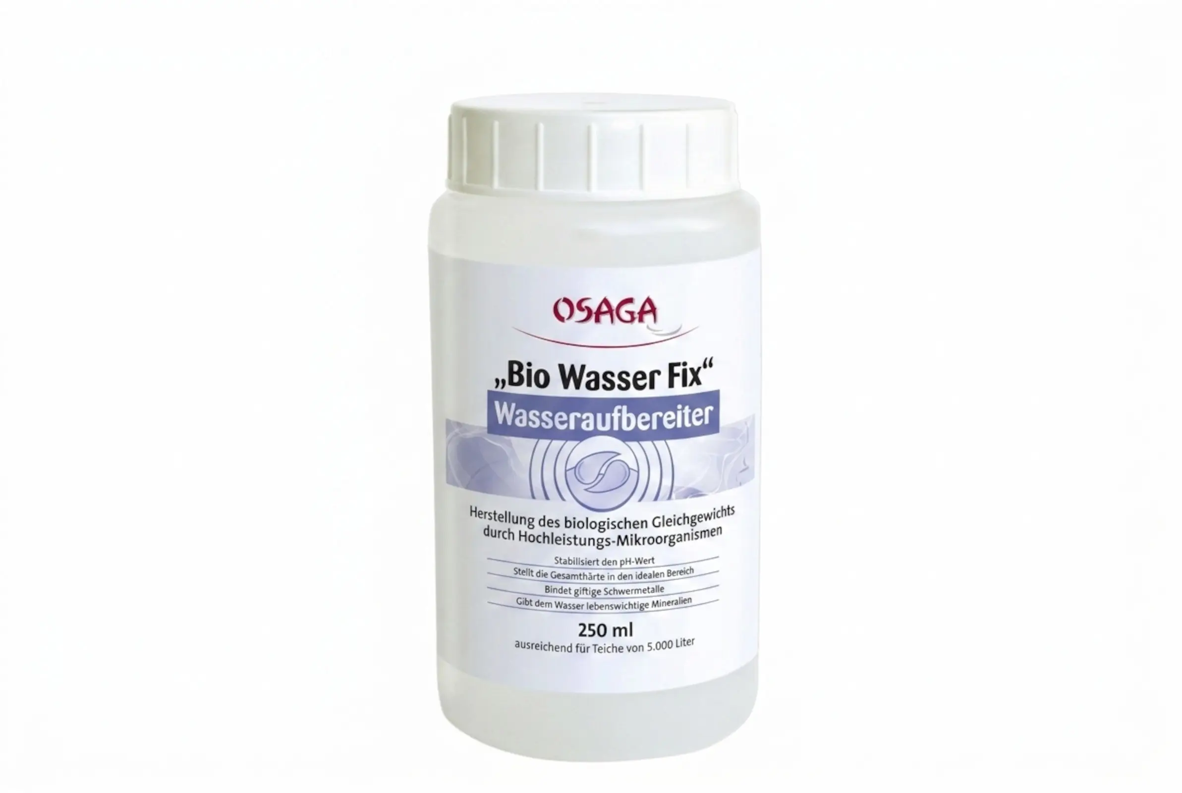 OSAGA Bio Wasser Fix Flasche (Wasseraufbereiter), Produktbild 250 ml Variante, stabilisiert pH-Wert, aktiviert Mikroorganismen und bindet Schwermetalle für Teich und Aquarium