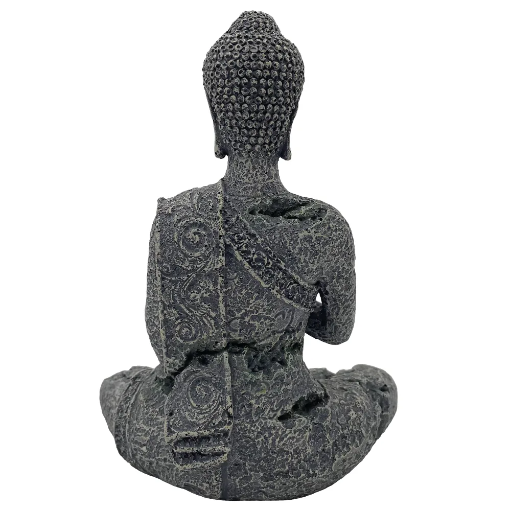 Rückansicht Hobby Zendo Tempelfigur als Aquarium-Deko, gedrungene buddhistische Statue mit Steinoptik und Patina, wasserneutrales Polyresin, Maße 15 x 9,5 x 19 cm